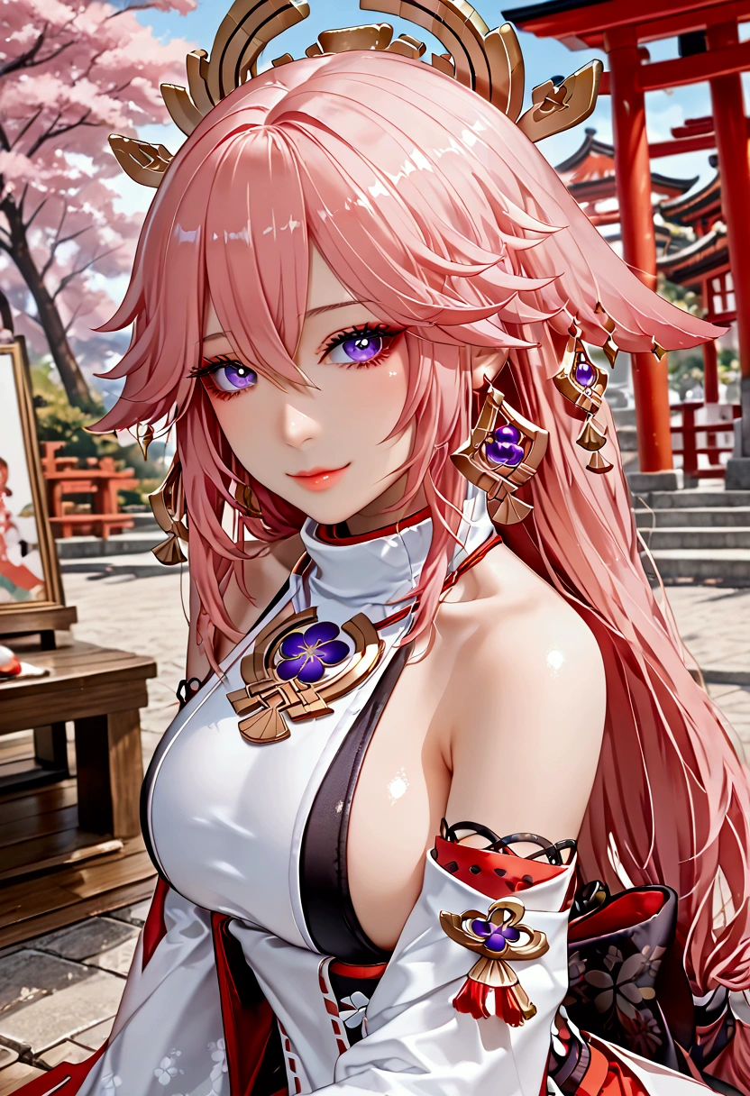 1girl, (ulzzang-6500:0.7), kpop idol, yae miko, bikini, detached sleeves, bare shoulders, pink hair, long hair, bikini, best quality, (painting:1.5), (hair ornament:1.35), jewelry, purple eyes, earrings, breasts, torii, cherry blossoms, lantern light, depth of field, detailed face, face focus, ribbon_trim, (looking at viewer:1.25), nontraditional miko, shiny skin, long sleeves, smile, thick lips, game cg, hands on lips, east asian architecture, (blurry background:1.2), sitting, upper body, bikini