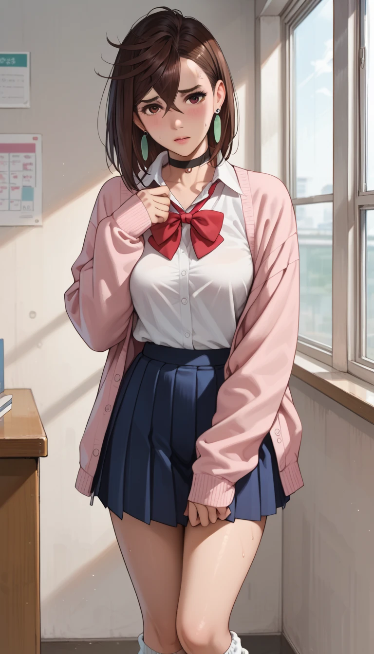 Ayase Momo, medium hair, brown hair, brown eyes, shy, medium breasts, chocker, red bowtie, pink cardigan, long sleeves, blue skirt, pleated skirt,sweat, school uniform, earrings, collared shirt, white shirt, alternate costume, loose socks, white socks, standing, seductive pose, sexy pose, school yard