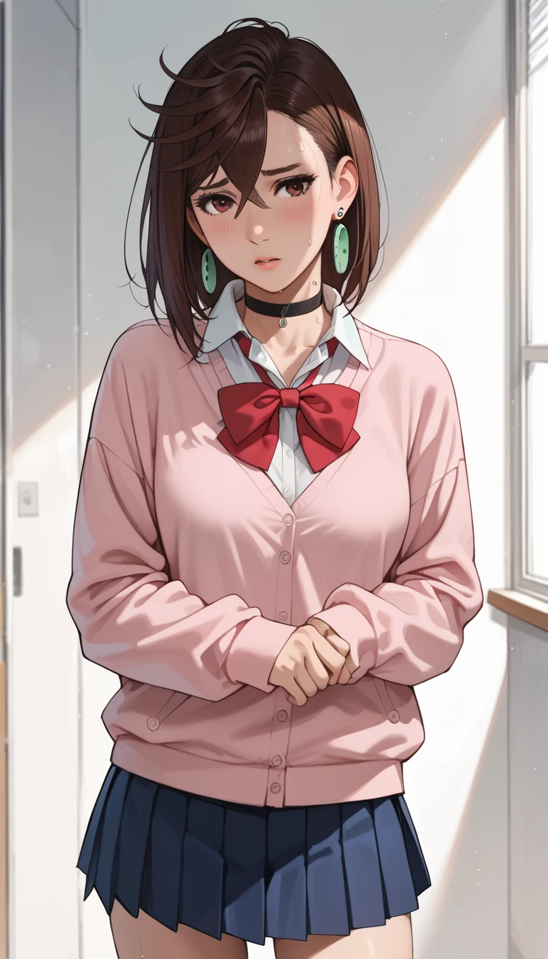 Ayase Momo, medium hair, brown hair, brown eyes, shy, medium breasts, chocker, red bowtie, pink cardigan, long sleeves, blue skirt, pleated skirt,sweat, school uniform, earrings, collared shirt, white shirt, alternate costume, loose socks, white socks, standing, seductive pose, sexy pose, school yard