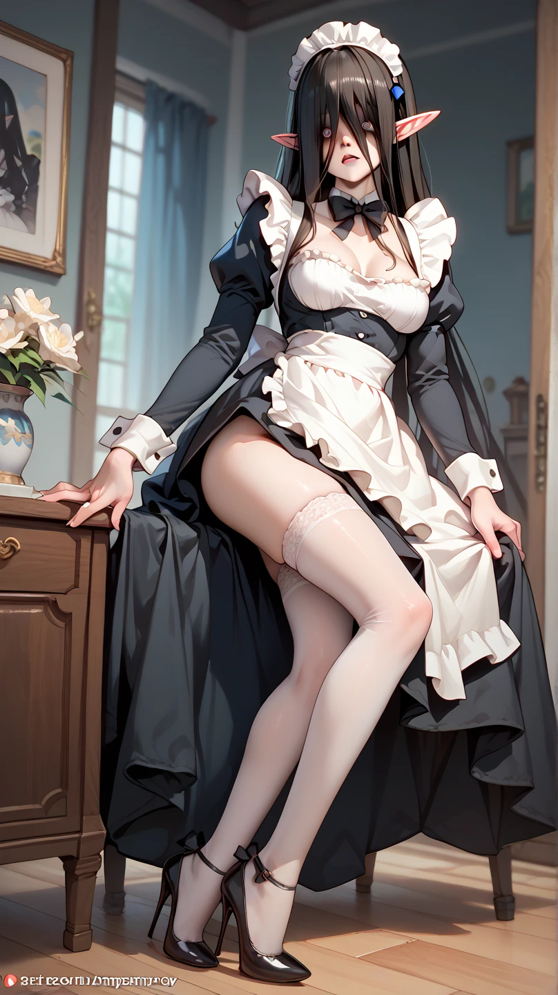 Sadako Yamamura, maid costume, HD,  high quality, looks at me,  in stockings,  heels,  maid costume , Cutie, high, slim, developing legs, elf ears, ecstasy,