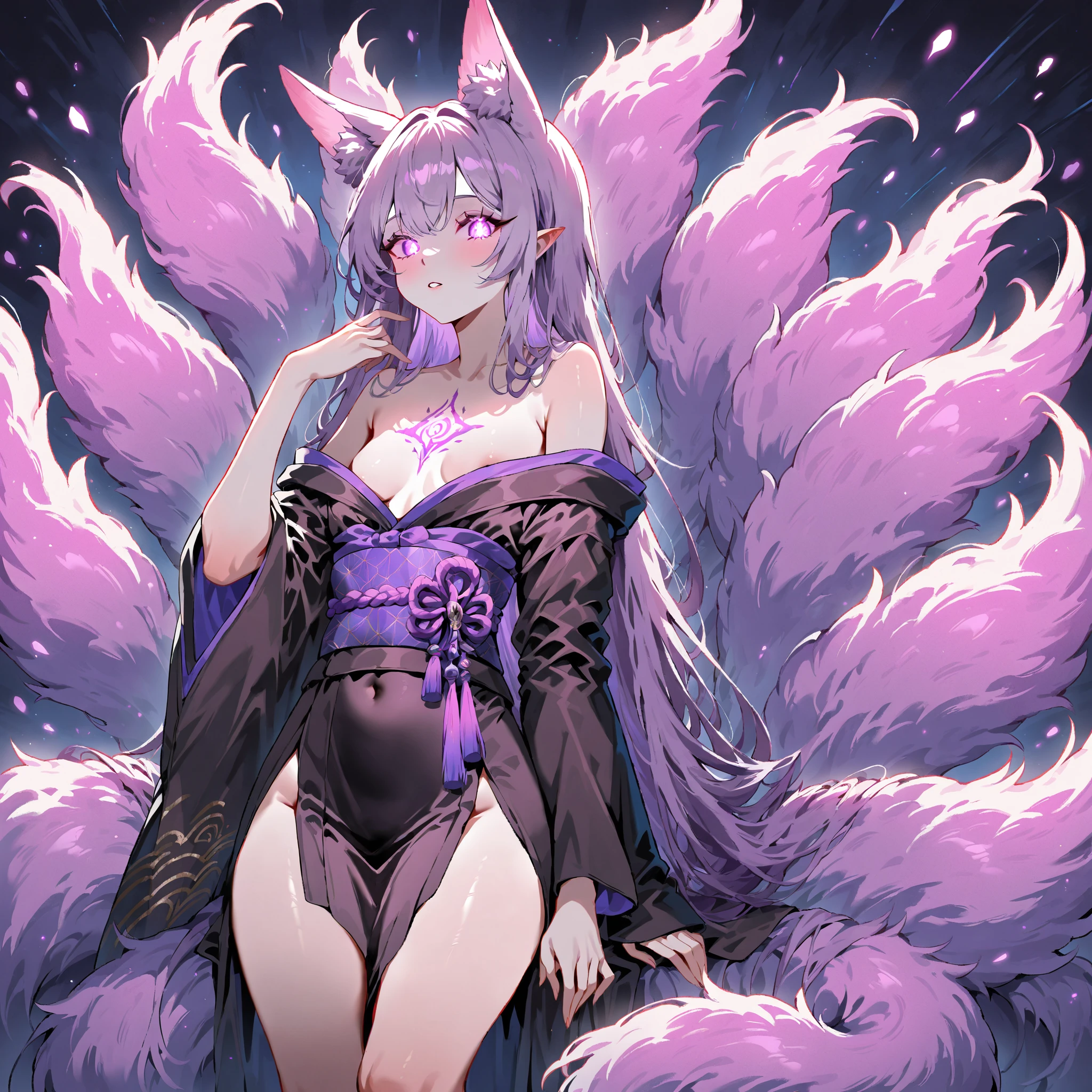 Curvy purple haired 9 tailed kitsune wearing fur lined robe and cherry blossom kimono, wearing thigh high fishnets (ALONE)(SOLO), alone, solo