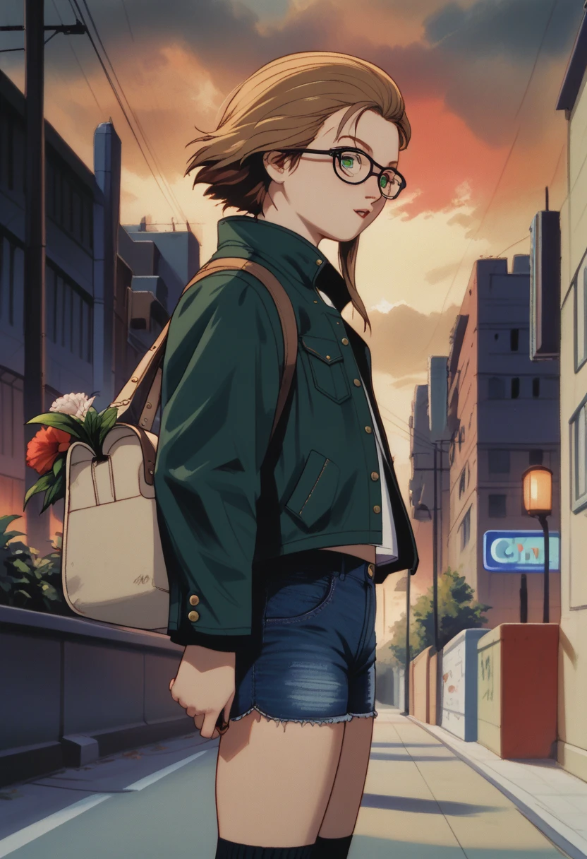 From the side,  close to a young woman with short brown hair carrying a large bag while walking on wide steps,  long blonde hair to the shoulder ,  green eyes , glasses,  A green jacket with denim shorts and black socks , street, A city in a tropical climate ,  Heavy clouds disperse to reveal an orange-red sunset ,  A wall of rain is visible on the horizon ,  a sober atmosphere , cinematographic, Faded colors,  film is a dark shot ,  Subtle colors  , Habibi , oud, crazy details,  intricate details ,  highly detailed , 
 