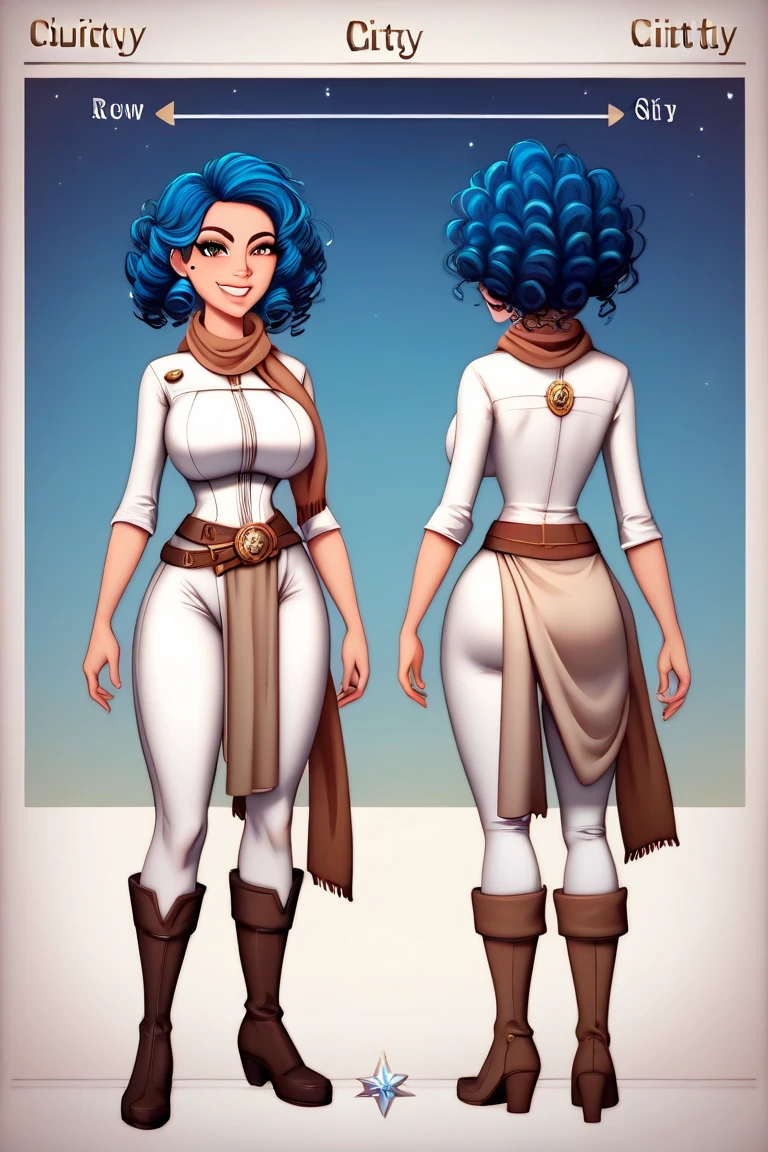 ((1girl, curly hair, blue hair, big breasts, big neckline, stand front, big hipps, confident smile)), ((1.60 meters tall))((elegant bearing)), ((thin waist, beauty face)), ((white tight body jumpsuit, brown belt, brown boots, blue scarf, detailed cloth)), ((reference sheet, symmetry, sideways, turnaround, symmetry, rotational symmetry, character chart)), ((night city)), accurate, 4K, highres, masterpiece,