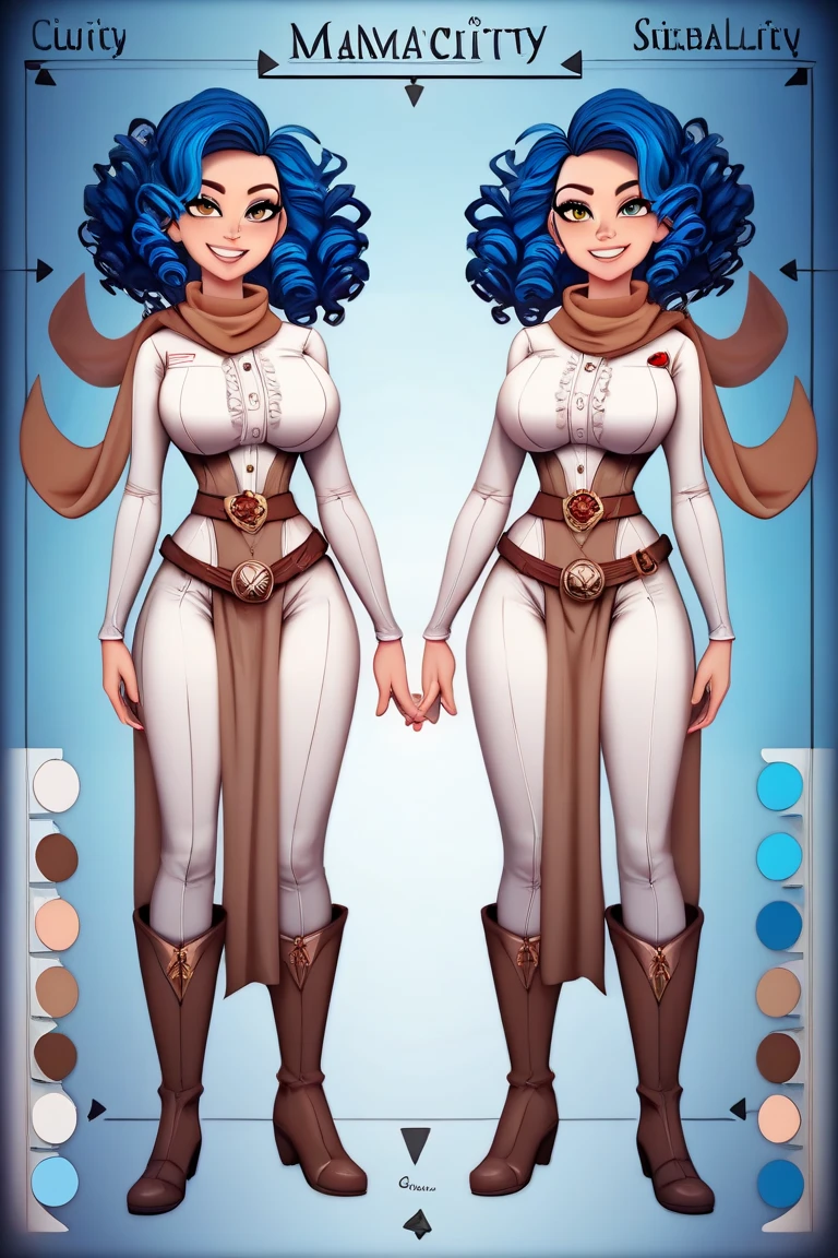 ((1girl, curly hair, blue hair, big breasts, big neckline, stand front, big hipps, confident smile)), ((1.60 meters tall))((elegant bearing)), ((thin waist, beauty face)), ((white tight body jumpsuit, brown belt, brown boots, blue scarf, detailed cloth)), ((reference sheet, symmetry, sideways, turnaround, symmetry, rotational symmetry, character chart)), ((night city)), accurate, 4K, highres, masterpiece,