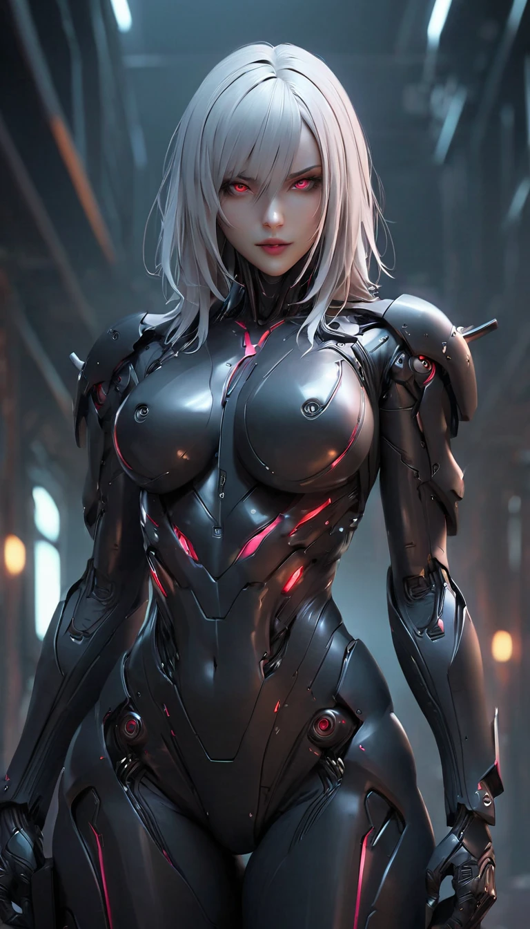 (best quality,4k,8k,highres,masterpiece:1.2),ultra-detailed,(realistic,photorealistic,photo-realistic:1.37), a heavily armed female android modeled after a terrifying demonic appearance, evil android, dark futuristic science fiction, hyper-detailed, cinematic lighting, dramatic chiaroscuro, muted color palette, intricate mechanical details, ominous atmosphere, intimidating presence, mechanical limbs, glowing red eyes, sharp fangs, sinister expression, advanced weaponry, cyberpunk, dystopian, moody（（perfect figure，figure，long sleeves, japanese clothes, kimono, haori, black kimono, hakama, black hakama,（（（isane kotetsu, short hair, braid, white hair, (purple eyes:1.1), hair braid, ））），（（（wide hips））），S-type figure:1.7））），((masterpiece)),high resolution, ((Best quality at best))，masterpiece，quality，Best quality，（（（ Exquisite facial features，looking at the audience,There is light in the eyes，blush，Happy））），（（（Interlacing of light and shadow， ））），（（（huge perky breasts, thick thighs, curvy figure [