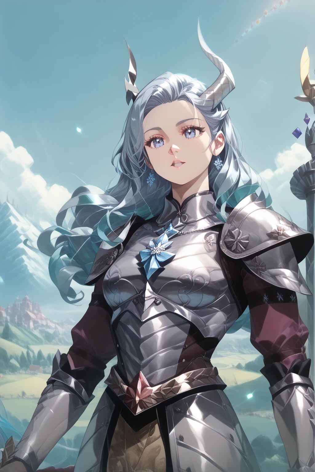 Draconiano, high, muscular,  long hair , seeds, metallic silver color ,  shimmering silver scales ,  light blue eyes ,  with simple silver medieval armor with blue details, Pose Noble,  on an icy mountain with Northern Lights in the sky . High resolution ,  masterpiece , 