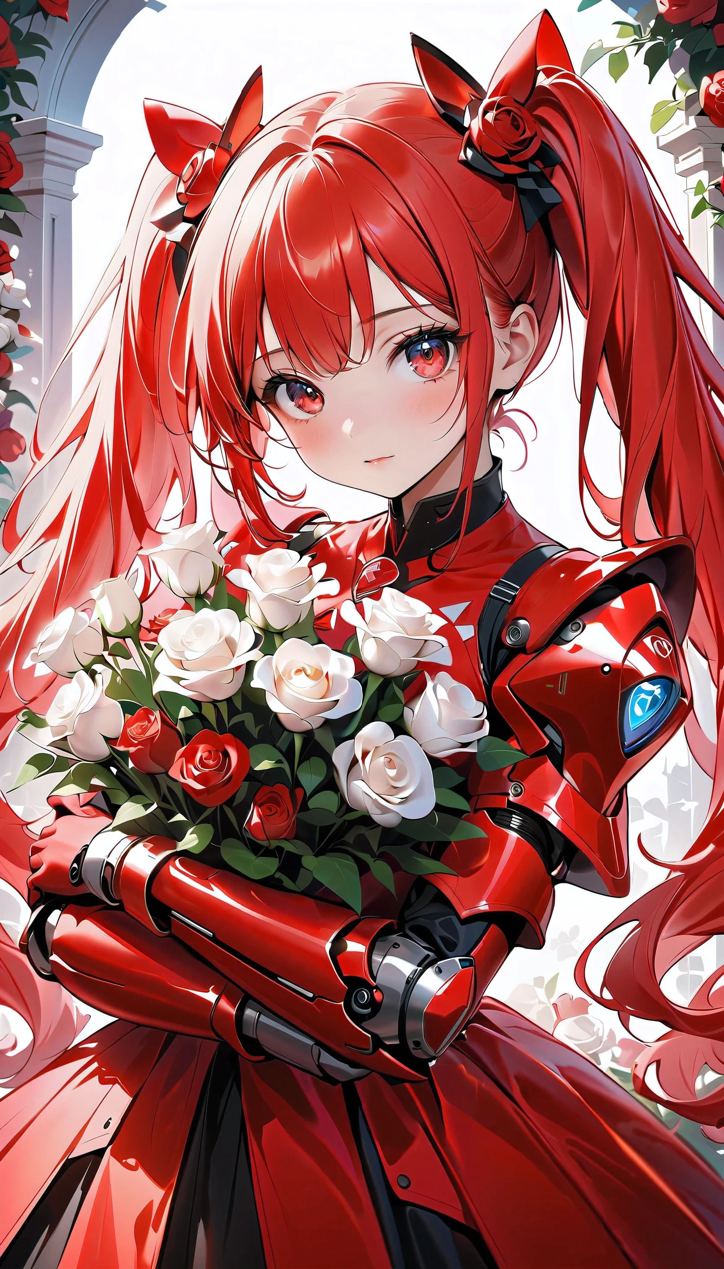 High quality, high definition, hig h precision images,8k 1 Girl Robot Girl、red hair,Twin tails,Red eyes ,she wearing flashy robot armor.A flower garden filled with white roses, (one red rose Hugging,)