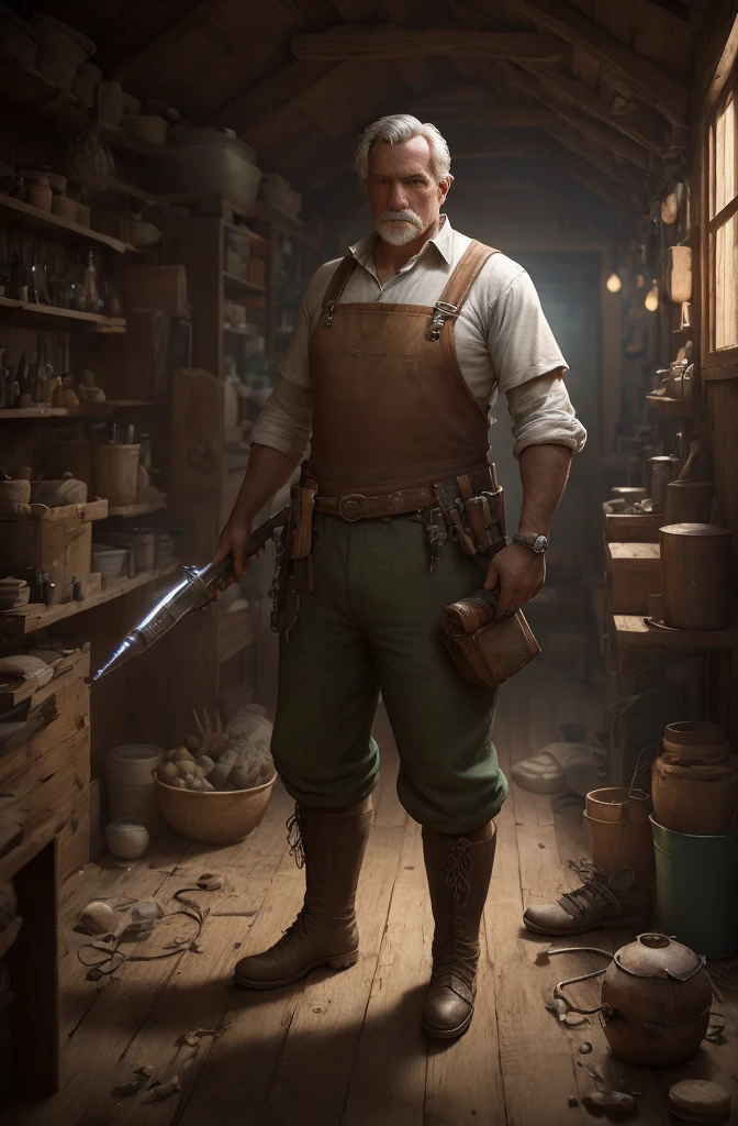 's full body is shown, rpg, JRG Character, Villager, farmer, Mob, Character portrait, Middle-aged man,  installer with electric drill 