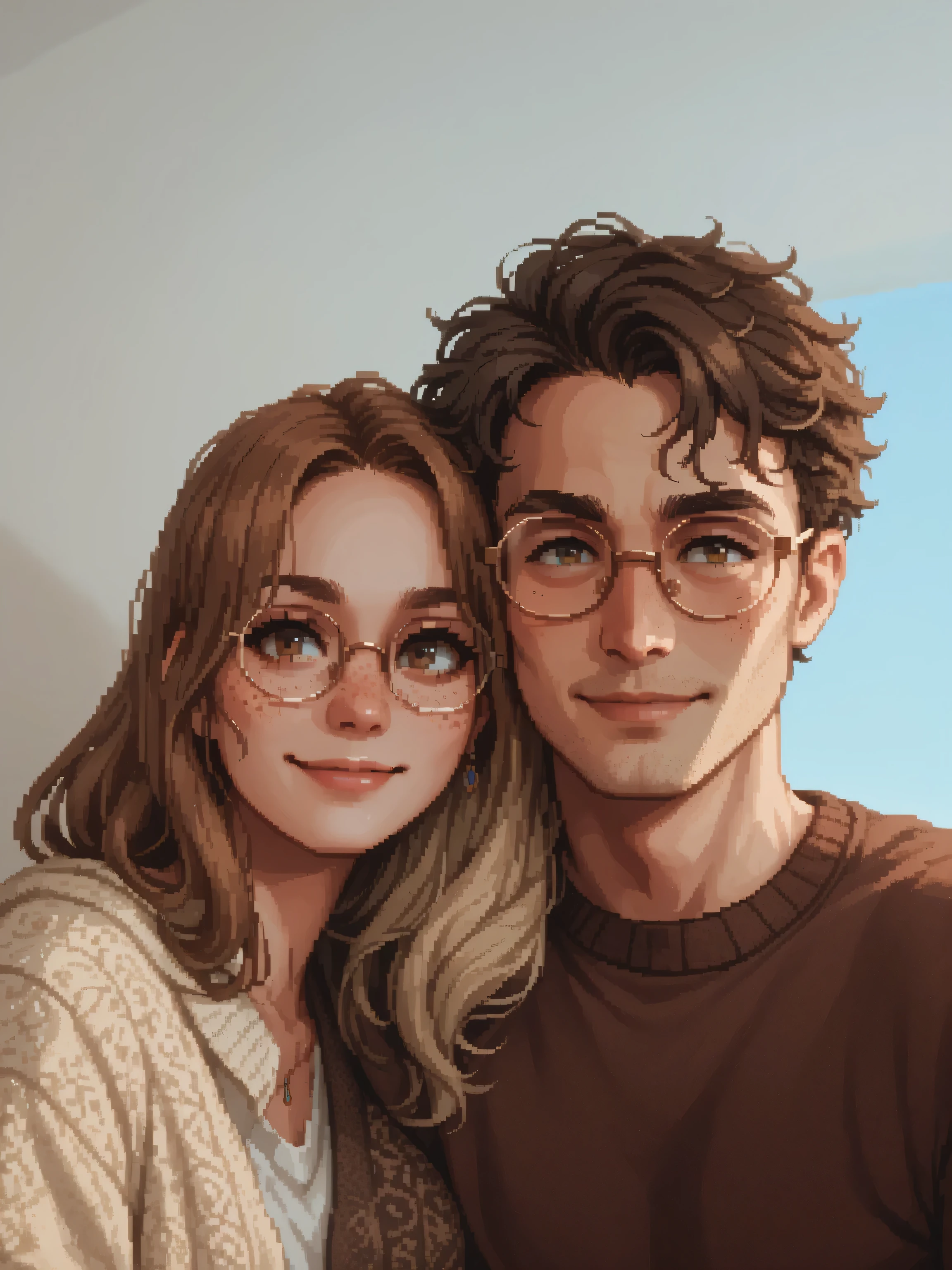 create a 8-bit pixel art cartoon of A soft and intimate portrait of a young couple in a relaxed indoor setting. The woman has shoulder-length light brown hair, freckles, and a gentle smile, wearing a casual, light-toned shirt. The man has slightly messy brown hair, wears round glasses, and is dressed in a loose, brown sweatshirt. Their expressions are warm and calm, with the woman resting her arm on the man's shoulder. The background is minimalistic with a plain, light-colored wall, creating a cozy and serene atmosphere.