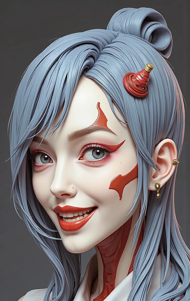 Picture 2/3(Masterpiece, Highest quality, Highest picture quality, high resolution, realistic style),Portrait of a charming, short-haired, 20-year-old woman laughing.,((Charming laugh)), tattoo, With a medal around his neck,earring, Torn white suit,Break through ,Big breasts, Sweaty skin with imperfections, (wear a hat,complicated details ( 8k is very realistic.)