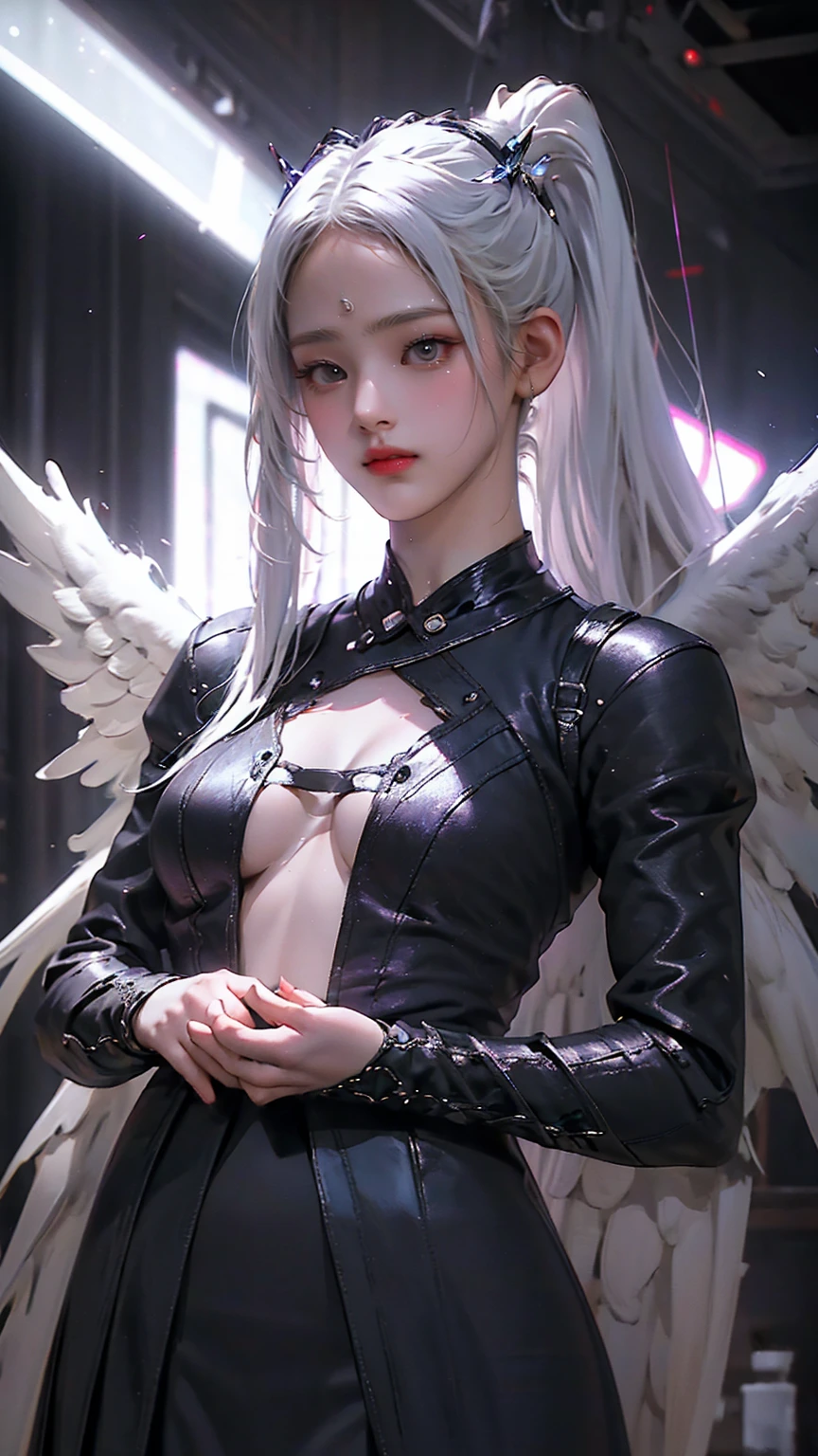  top quality、​masterpiece、 Ultra A High Resolution、( Photorealistic:1.4)、 RAW photos 、Battle Cyborg Angel 、 Large metal wings 、white porcelain body 、Acrylic transparent cover、White Hair、 pubic skin、1 Cyborg Girl、((  ultra-realistic detail ))、 Portraits、globalillumination、shadow、 octane rendering、8k、 ULTRA SHARP 、Character edge light,Big Breasts、 Raw Skin Exposed on Her Chest 、 Intricate Decor Details 、More about Gothic Lolita、Hydraulic cylinder、Small LED Lamp、 extremely fine detail、Realistic Light、 purple eyes、輝く瞳、 facing camera 、Neon Details、 cowboy shot、Futuristic headgear、 about Cyberpunk 、、