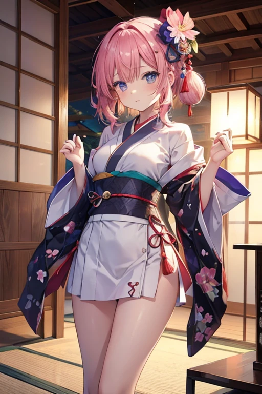 ((Wet Hair)), ((Wet skin)), ((wet clothes)), (((Samurai costume))), (((kimono))), ((Hakama)), ((skindentation)), skinny, solo, (1 sexy woman), Masterpiece, highest quality, highest quality, 16K, incredibly absurd, highly detailed, 2.5D, ai-generated, delicate and dynamic, very delicate facial expressions, delicate eye depiction, erotic, only sexy woman, (short hair), (pink hair:1.5), bob cut, black eye, ((A cute and kind face)), healthy figure, ((25-year-old woman)), 160cm tall, medium firm swaying bust, blush, Sweat,Embarrassed,sexy, ((thin thighs)), ((shiny and lustrous)), facing straight at viewer, Japan in the Edo period, post town scenery, heading to battle, in the rain, Close-up,