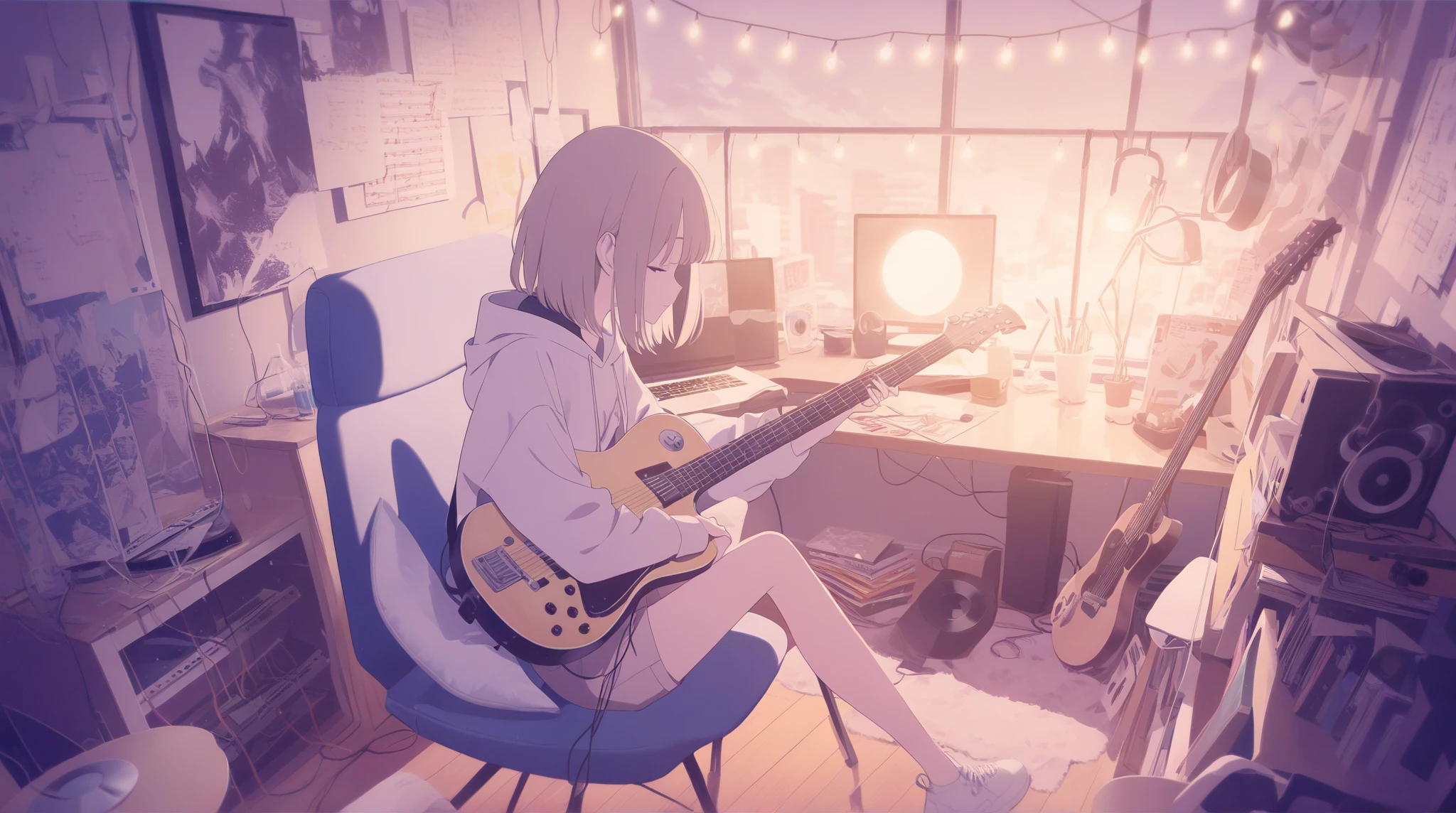 (masterpiece:1.2, best quality), (highly detailed:1.3), 1girl, 17yo, busty, (white panties), shirt, play electric guitar, sitting on bed, eyes closed, morning light,