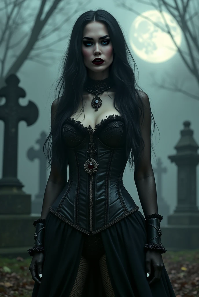 Serious woman , wearing a black lace cabaret style dress. with a skull-shaped face, long black hair and a black rose. holding a trident and a skull head in the other hand. mysterious, quiet and fair