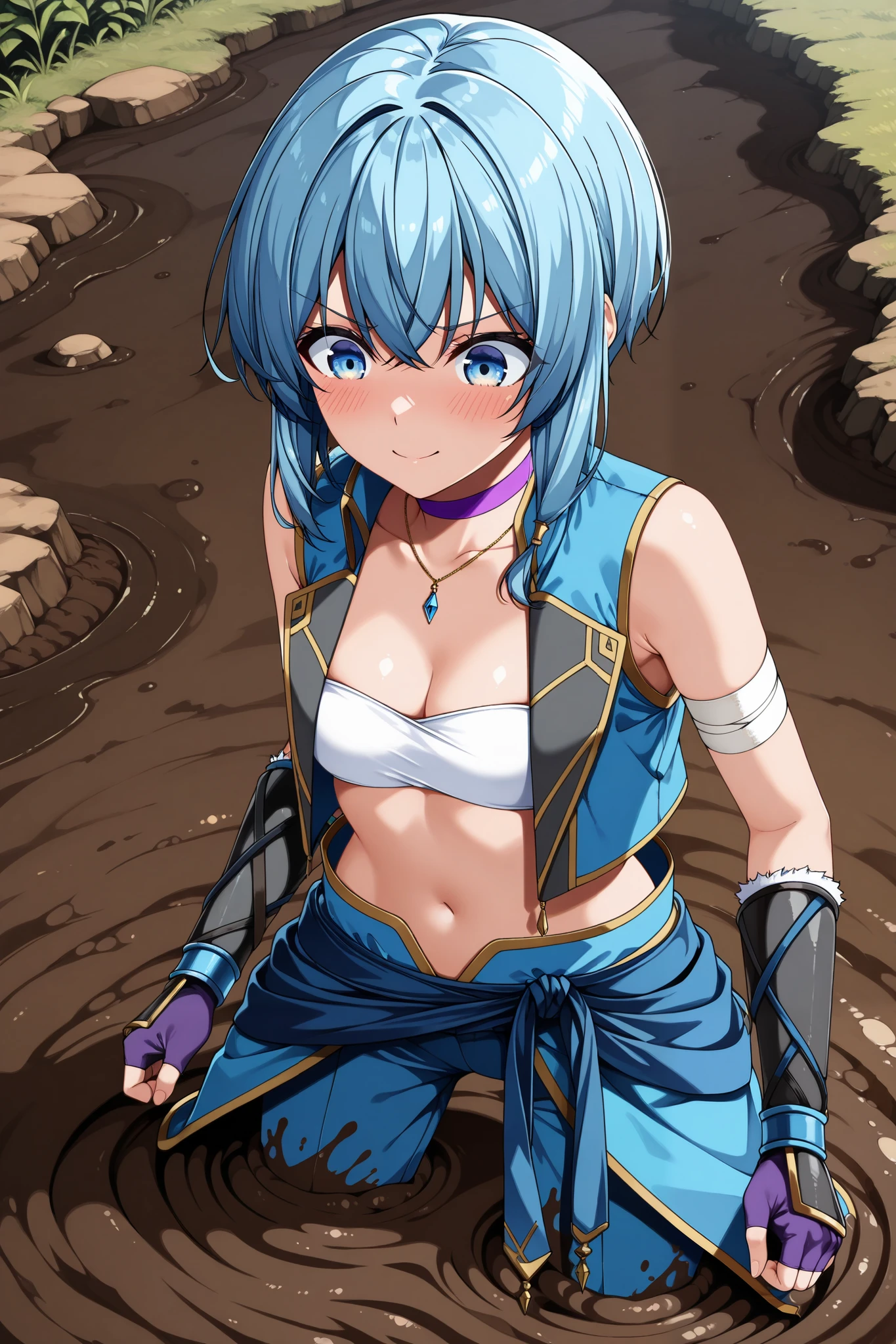 masterpiece, best quality, amazing quality, very aesthetic, absurdres, photorealistic, 1girl, solo,
narsena, blue hair, blue eyes, short hair, necklace,
small breasts, (sagging breasts:0.8), cleavage, white bandeau, bandaged arm, blue fingerless gloves, black vambraces, blue pants, sleeveless blue vest, purple choker, open vest, showgirl skirt,
seductive gaze, bedroom eyes, closed mouth, smile, v-shaped eyebrows,
blush, standing, feet sunk in mud, tries to move but can't because blocked, worried face looking down, spread leg ,mud, sinking, quicksand, marsh with thick fog,