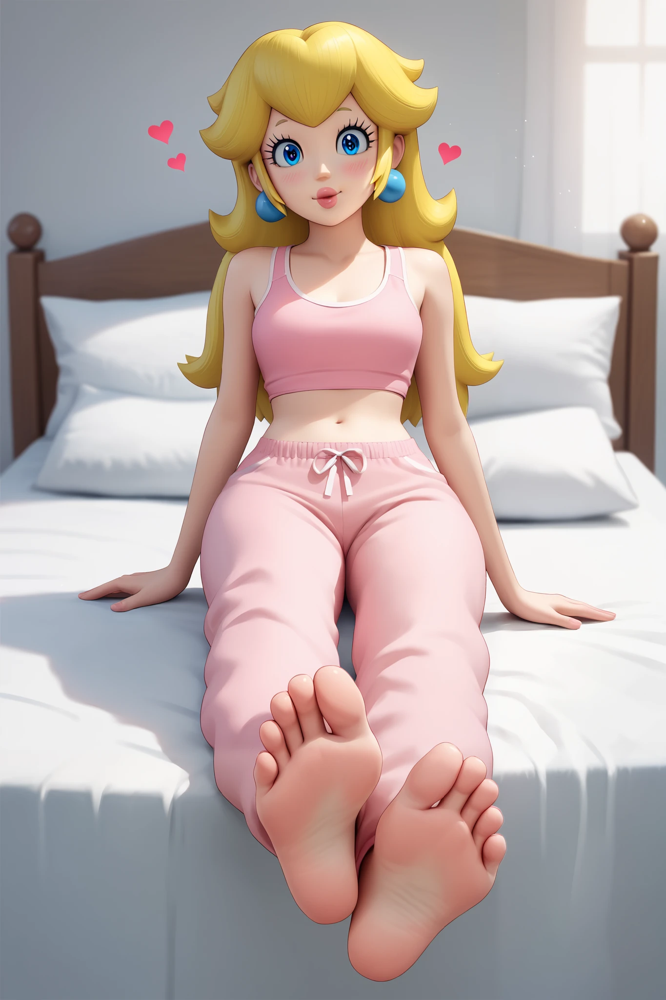 [Princess peach], ((masterpiece)), ((cartoon style)), ((full body)), ((foot focus)), {(attractive figure), (blushy cheeks), (yellow hair), (heart bangs), (blue eyes), (reflection in eyes), (long eyelashes), (thin eyebrows), (lush lips), (cute smile)}, {(pink tank top), (pink pajama pants)}, {(laying on bed)}