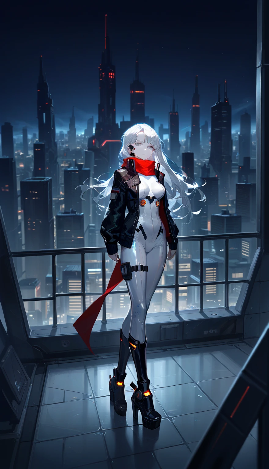  are of the best quality, l this king at viewer , is very beautiful, ridiculous results,masterpiece,
1 Girl,  gray eyes ,  long hair, Silver Hair,  Straight Hair ,  medium boobs ,  Mature Women , Short bangs, Hair Intake,
( white latex bodysuit:1.2), earphone,  black leather jacket, cardigan , lapel, Red scarf, Black thigh boots, High Heels Boots , 
expressionless,  Watching the audience,
 unique , whole body, 
 cityscape , night, night sky, Science Fiction, concrete roof ,
 cinematic lighting , Depth of Field,
 beautiful , Glowing Future Women , Complex circuit,  Neon Colors, cyberpunk style, Advanced Technology,  Digital Art, Advanced Details,  actual ,  Dramatic Lighting ,  dynamic posture, mystery, mystery,  charming，brightly lit ，