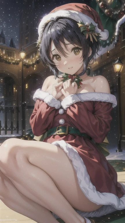 (  masterpiece  , top quality,  top quality,  Official Art , beautiful、 and aesthetic:1.1), night、 Christmasのイルミネーション:1.2、(( Christmas:1.4))、大きな Christmasツリー,  one girl,  I'm looking like Santa Claus , Santa hat,  embarrassed