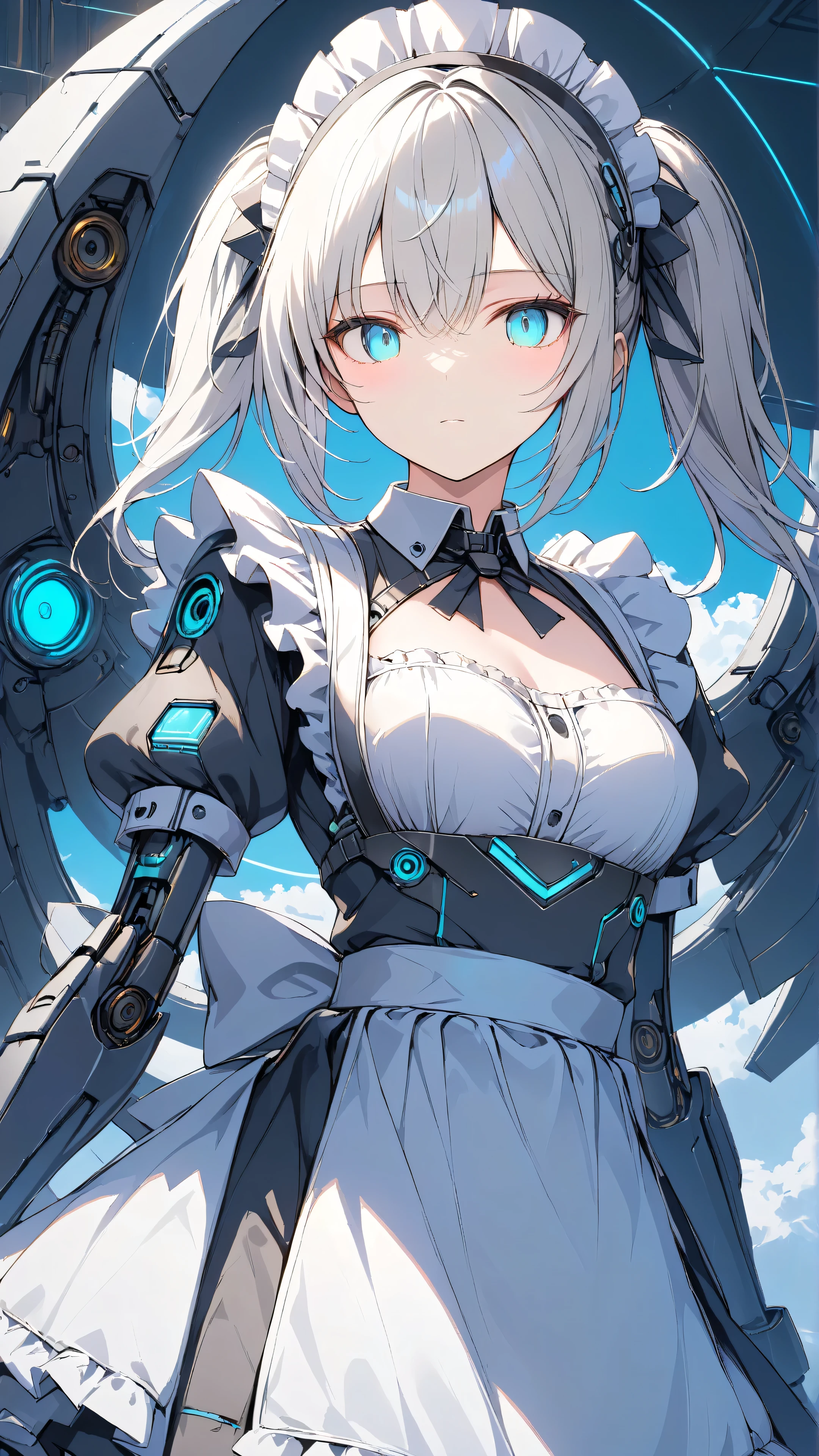 masterpiece,top quality, high definition ,Ultra-Definition Illustration, Detailed Background , detailed skin, detailed face , detailed eyes on board, sci-fi , Cyberpunk, 1 girl in uniform, cyborg, small breasts,(expressionless:1.2),(Maid:1.6),(Maid Apron:1.4),  Silver Hair, White Eyes,  partly human skin , Beautiful legs, mechanical power suit ,  mechanical bodysuit,  Mechanical Arms , Mechanical Wings, , Metallic Luster,(Glowing neon:1.2),  cinematic angle