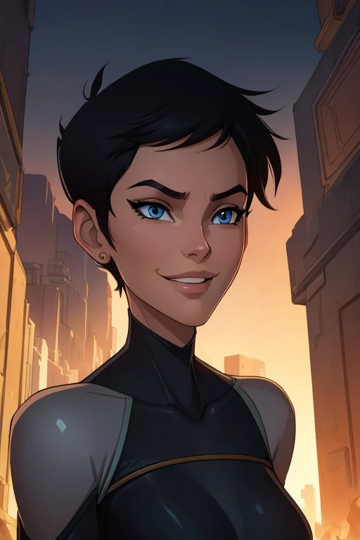 (art, Best quality, absurd, 4K, aesthetics, perfect eyes, perfect face, detailed, complex, Perfect lighting) 1 girl with fair skin, short shaved dark hair, wears all black futuristic bodysuit, queen of an alien race, warrior, gentle smile