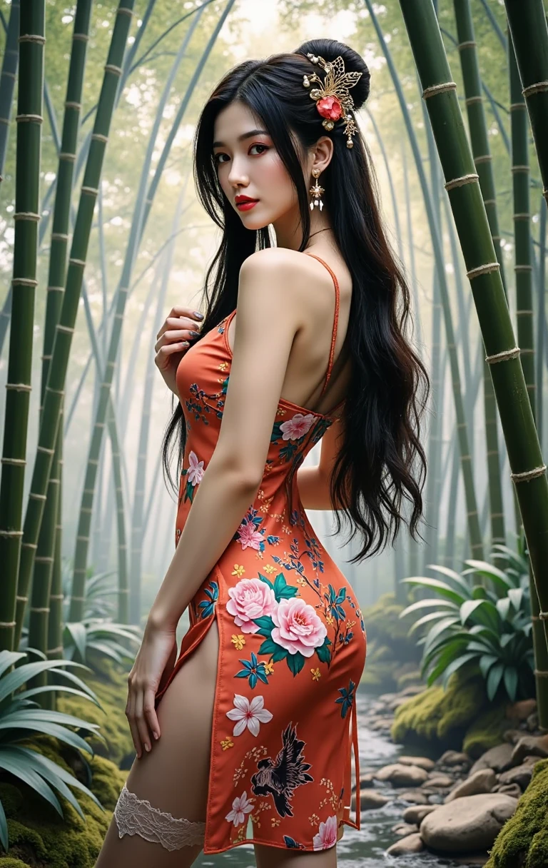 (Sexy Asian mature woman, 40th, big breast, glasses), (red flower kimono, red dress, short tight dress, red bra), (standing), (long legs), (bamboo forest), (holding weapon, katana), (blue eyes, very long black hair tied up), (tattoo on body, tattoo on legs, tattoo on breast), (blue eyes), wearing earrings, (smiling face, white teeth), (night, moon), (scar in her body)