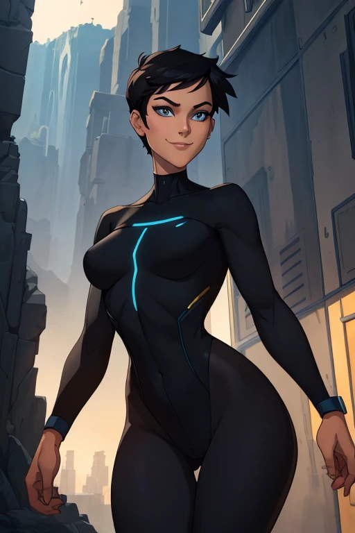 (art, Best quality, absurd, 4K, aesthetics, perfect eyes, perfect face, detailed, complex, Perfect lighting) 1 girl with fair skin, short shaved dark hair, wears all black futuristic bodysuit, queen of an alien race, warrior, gentle smile