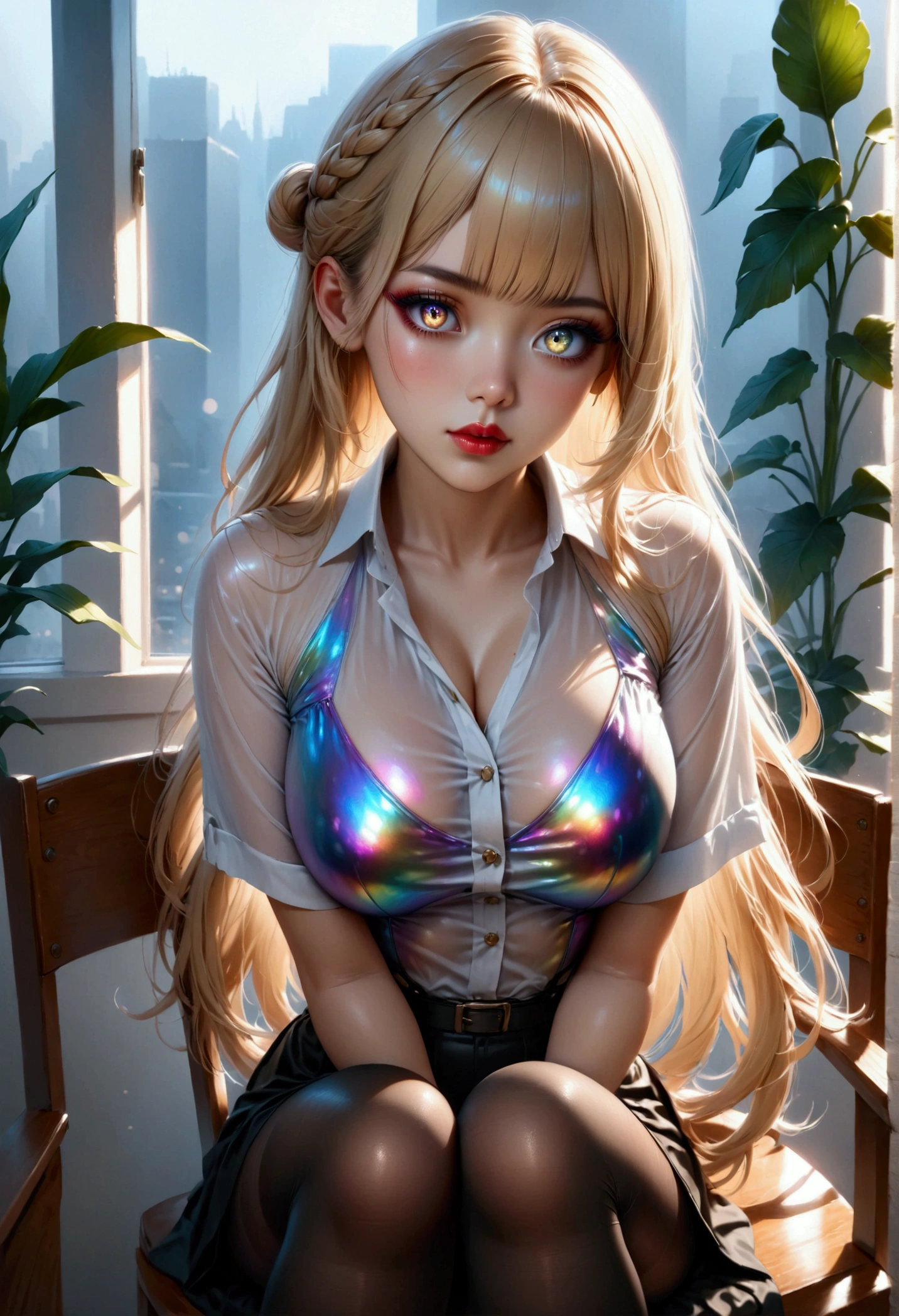 1girl, blonde hair, eyelashes, hair over one eye, blue eyes, big lips, ultra-detailed, high quality, highres, absurdres, best quality, best quality, large breasts, long hair, bright pupils, tall female, pink lips, extremely detailed, large breasts, full body, huge tits, raised chest, office, glasses