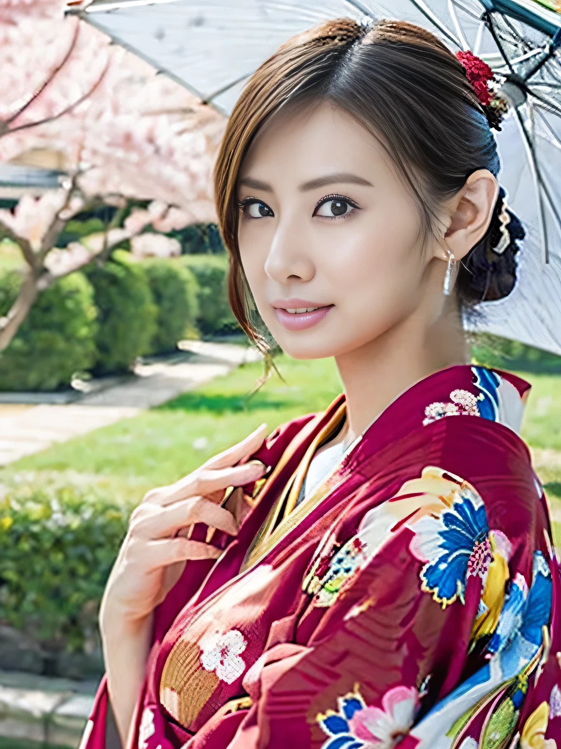 araffe asian woman in kimono with umbrella and cherry blossoms, japanese goddess, in kimono, japanese model, in a kimono, beautiful asian girl, gorgeous chinese model, asian girl, wearing kimono, elegant japanese woman, kimono, japanese woman, Middle Yuan Festival, traditional beauty, japanese, beautiful asian woman, asian hyperdetailed, oppai, sexy girl,big breast, emphasizes cleavage