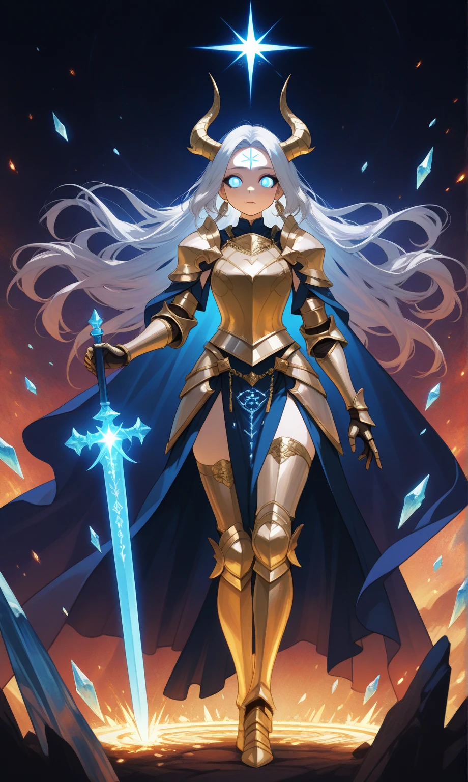 A stunning anime-style warrior woman, standing confidently with a mystical aura. She has long, flowing hair (gradient of dark blue and silver), sharp, expressive eyes glowing faintly, and slightly non-human features (horns resembling crystal shards, a glowing mark on her forehead). Her armor is intricate and highly detailed, combining medieval plate armor with elegant fantasy elements, adorned with gold and azure accents. She wields a massive sword imbued with glowing runes, and a flowing cape with celestial patterns (stars and galaxies). The scene is set in a mystical battlefield at twilight, with glowing embers floating in the air. Ultra-high detail in facial features, body proportions, and textures, emphasizing her beauty and strength. The artwork includes soft lighting, dramatic shading, and vibrant colors, making her stand out as a protagonist in a fantasy RPG world.