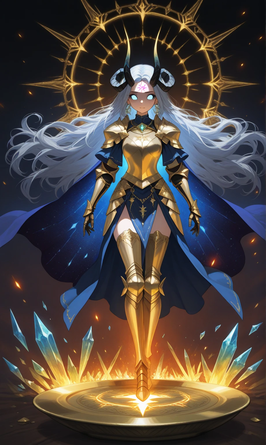 A stunning anime-style warrior woman, standing confidently with a mystical aura. She has long, flowing hair (gradient of dark blue and silver), sharp, expressive eyes glowing faintly, and slightly non-human features (horns resembling crystal shards, a glowing mark on her forehead). Her armor is intricate and highly detailed, combining medieval plate armor with elegant fantasy elements, adorned with gold and azure accents. She wields a massive sword imbued with glowing runes, and a flowing cape with celestial patterns (stars and galaxies). The scene is set in a mystical battlefield at twilight, with glowing embers floating in the air. Ultra-high detail in facial features, body proportions, and textures, emphasizing her beauty and strength. The artwork includes soft lighting, dramatic shading, and vibrant colors, making her stand out as a protagonist in a fantasy RPG world.