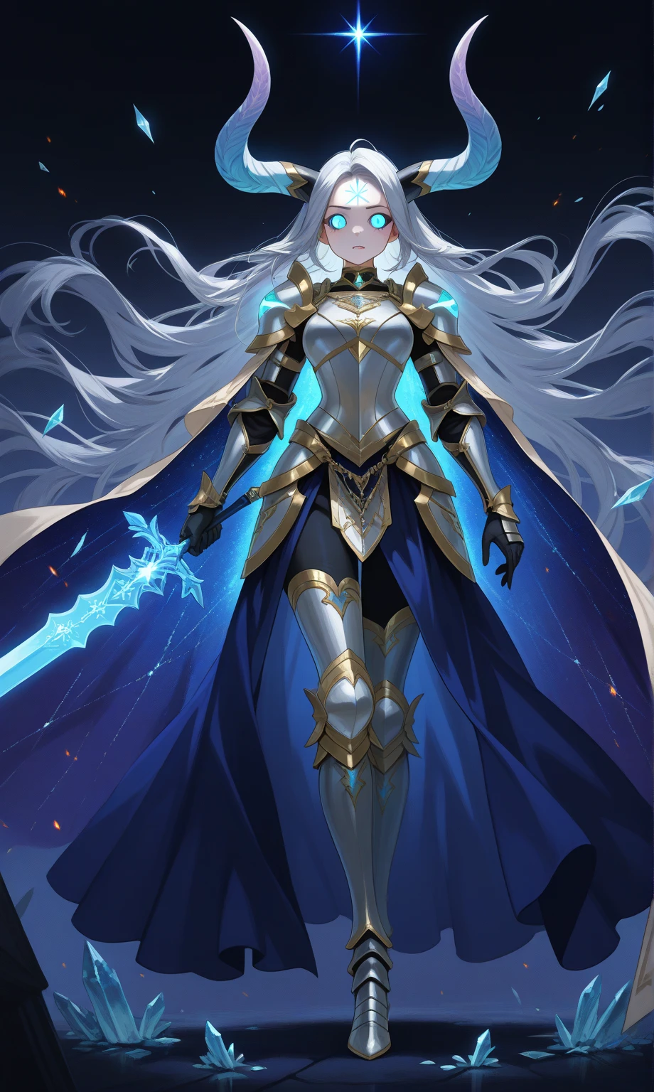 A stunning anime-style warrior woman, standing confidently with a mystical aura. She has long, flowing hair (gradient of dark blue and silver), sharp, expressive eyes glowing faintly, and slightly non-human features (horns resembling crystal shards, a glowing mark on her forehead). Her armor is intricate and highly detailed, combining medieval plate armor with elegant fantasy elements, adorned with gold and azure accents. She wields a massive sword imbued with glowing runes, and a flowing cape with celestial patterns (stars and galaxies). The scene is set in a mystical battlefield at twilight, with glowing embers floating in the air. Ultra-high detail in facial features, body proportions, and textures, emphasizing her beauty and strength. The artwork includes soft lighting, dramatic shading, and vibrant colors, making her stand out as a protagonist in a fantasy RPG world.