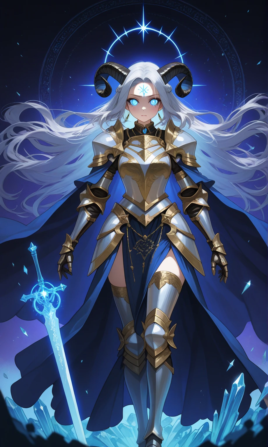 A stunning anime-style warrior woman, standing confidently with a mystical aura. She has long, flowing hair (gradient of dark blue and silver), sharp, expressive eyes glowing faintly, and slightly non-human features (horns resembling crystal shards, a glowing mark on her forehead). Her armor is intricate and highly detailed, combining medieval plate armor with elegant fantasy elements, adorned with gold and azure accents. She wields a massive sword imbued with glowing runes, and a flowing cape with celestial patterns (stars and galaxies). The scene is set in a mystical battlefield at twilight, with glowing embers floating in the air. Ultra-high detail in facial features, body proportions, and textures, emphasizing her beauty and strength. The artwork includes soft lighting, dramatic shading, and vibrant colors, making her stand out as a protagonist in a fantasy RPG world.