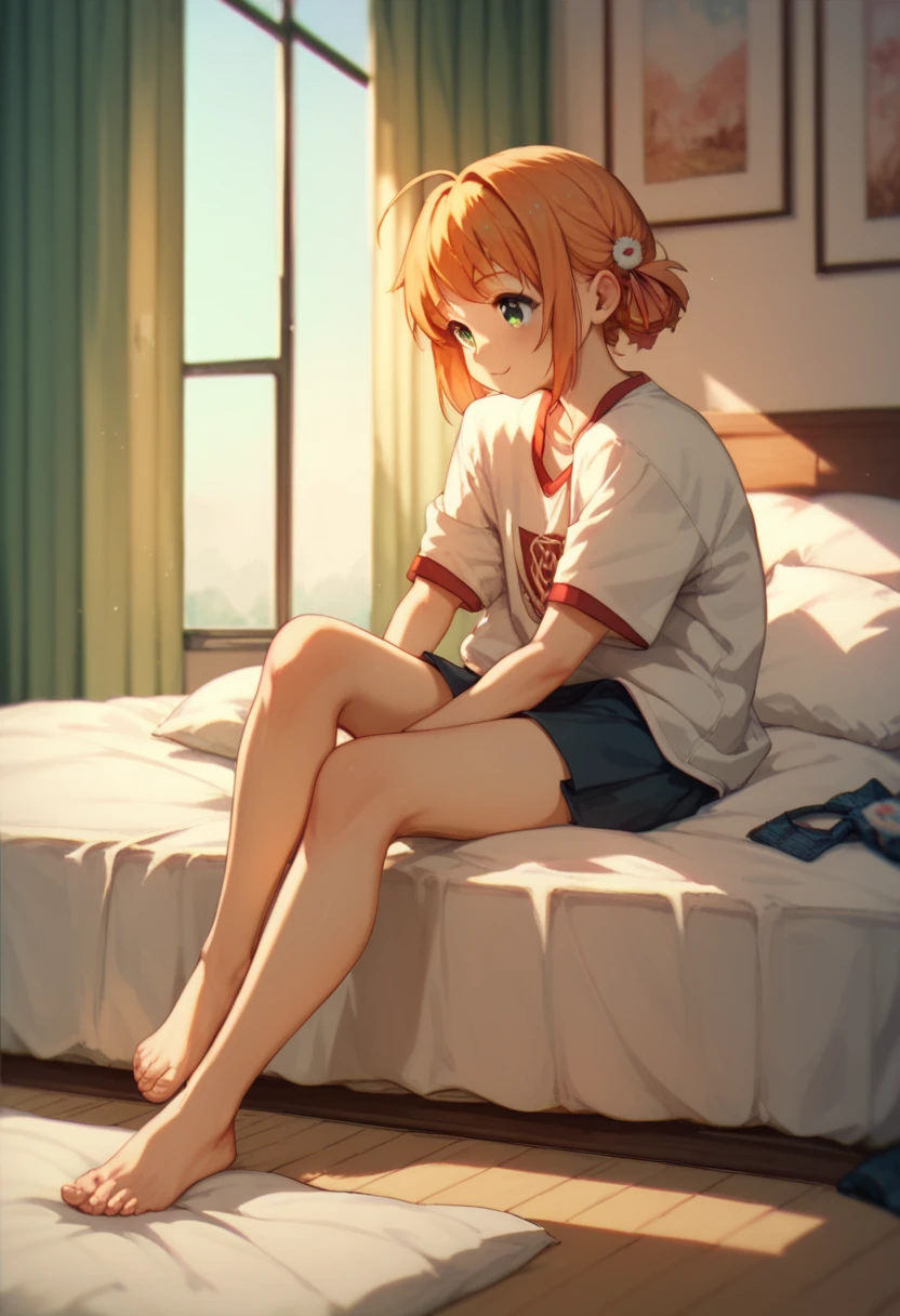 Sakura Kinomoto, sitting, bed, barefoot