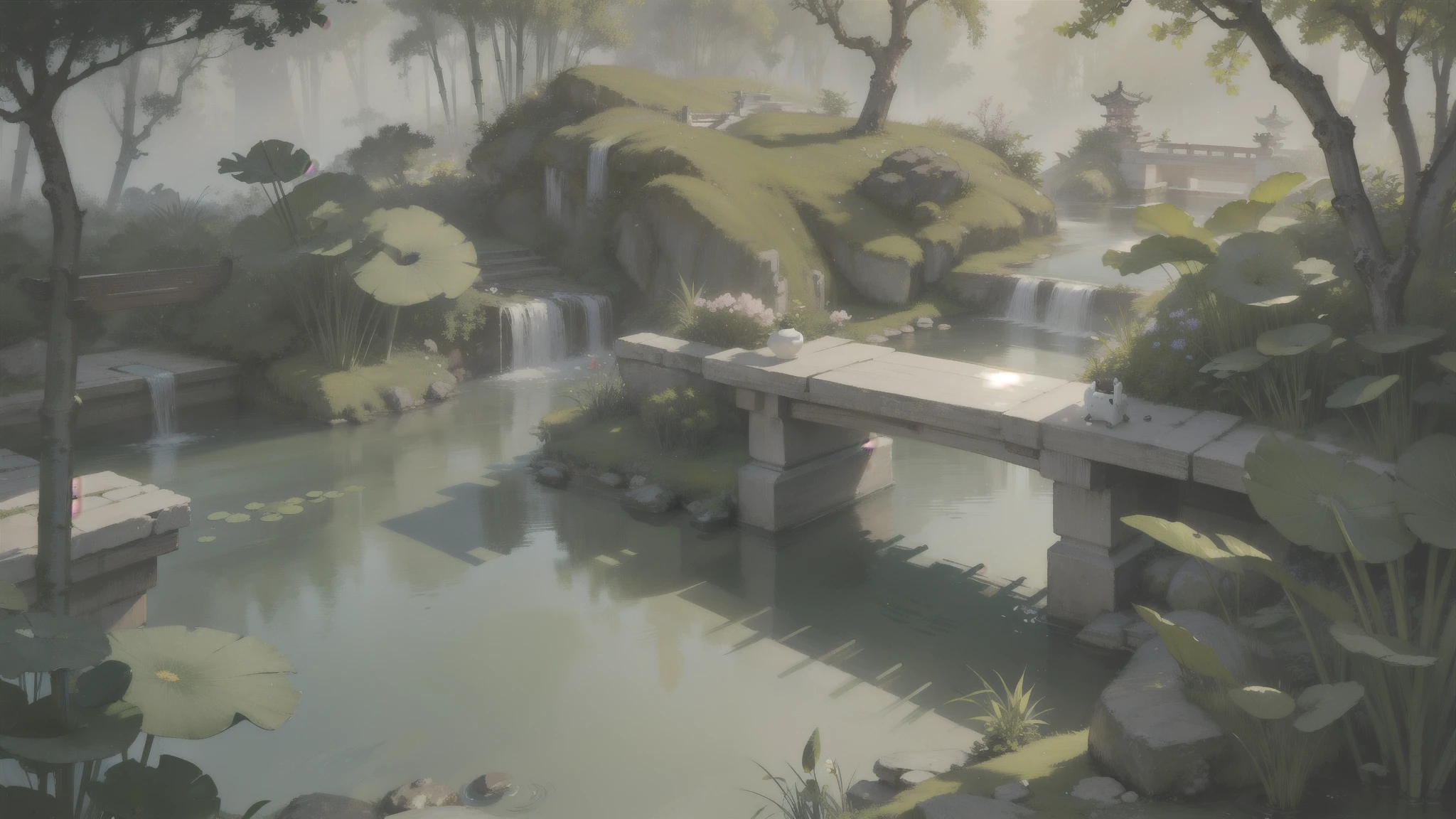 （Ancient Japanese shrine design），（Cobblestone road，porch，Torii，Stone lanterns，Depth，symmetrical design），（wood planks，Bonsai，vase，massive trees，Shrine，florals，ponds，courtyard，waterwheels），abundant detail，Ancient Japanese Showa style，Quiet and elegant atmosphere，Cool tones are the keynote，Delicate and soft painting style，Cinematic lighting effects，HD picture quality，Gentle light，Tyndall effect，dreamlike，abundant detail，Refer to Gu Kaizhi，32K