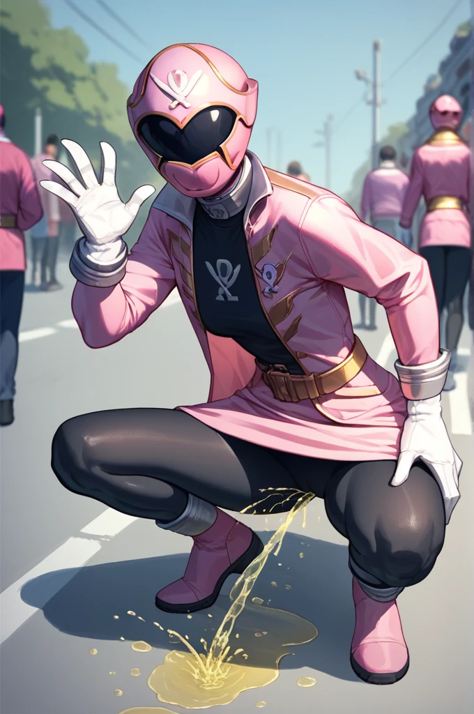 NSFW, collar, leash,squatting,lift skirt,peeing, public environment, crowded road, outdoors, crowd of people in the background cheering,gloves, white gloves, solo, bodysuit, ,black pantyhose, turtleneck, pink jacket, belt ,helmet