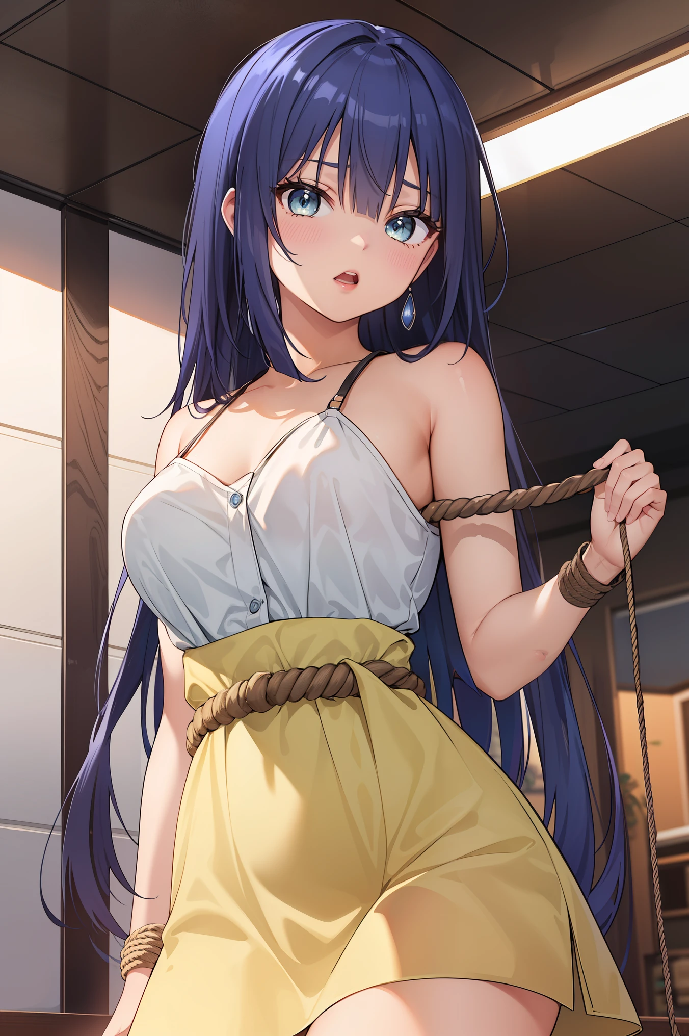 1girl ayano yuugiri, Blue Hair,
BREAK ((yellow little dress:1.2)),
BREAK nsfw,((underground)),(((rope strongly bound waist))),(both wrists tied above the head ),(both wrists hung from the ceiling),((thin waist)),large breast,bdsm,
BREAK (masterpiece:1.2), best quality, high resolution, unity 8k wallpaper,NSFW ,(illustration:0.8), (beautiful detailed eyes:1.6), extremely detailed face, perfect lighting, extremely detailed CG, (perfect hands, perfect anatomy),