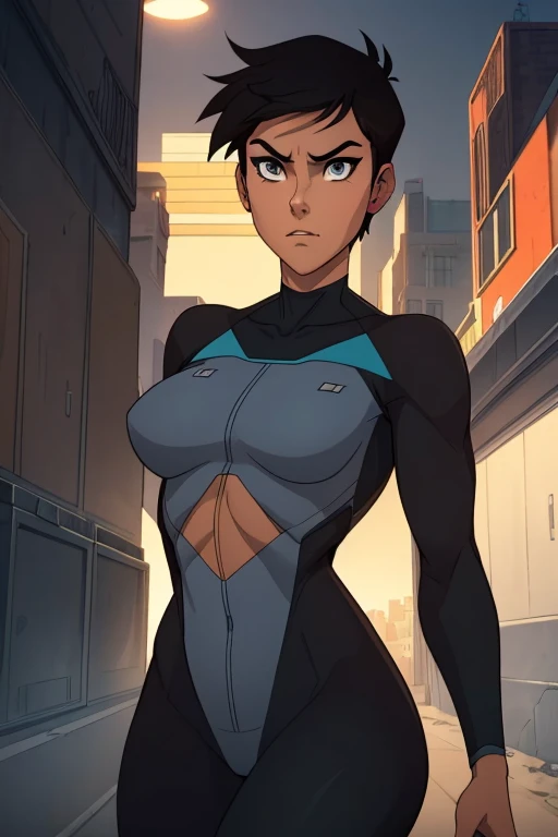 (art, Best quality, absurd, 4K, aesthetics, perfect eyes, perfect face, detailed, complex, Perfect lighting) 1 girl with fair skin, short shaved dark hair, tomboyish hairstyle, wears all black futuristic bodysuit, warrior, Lois Lane, grey eyes