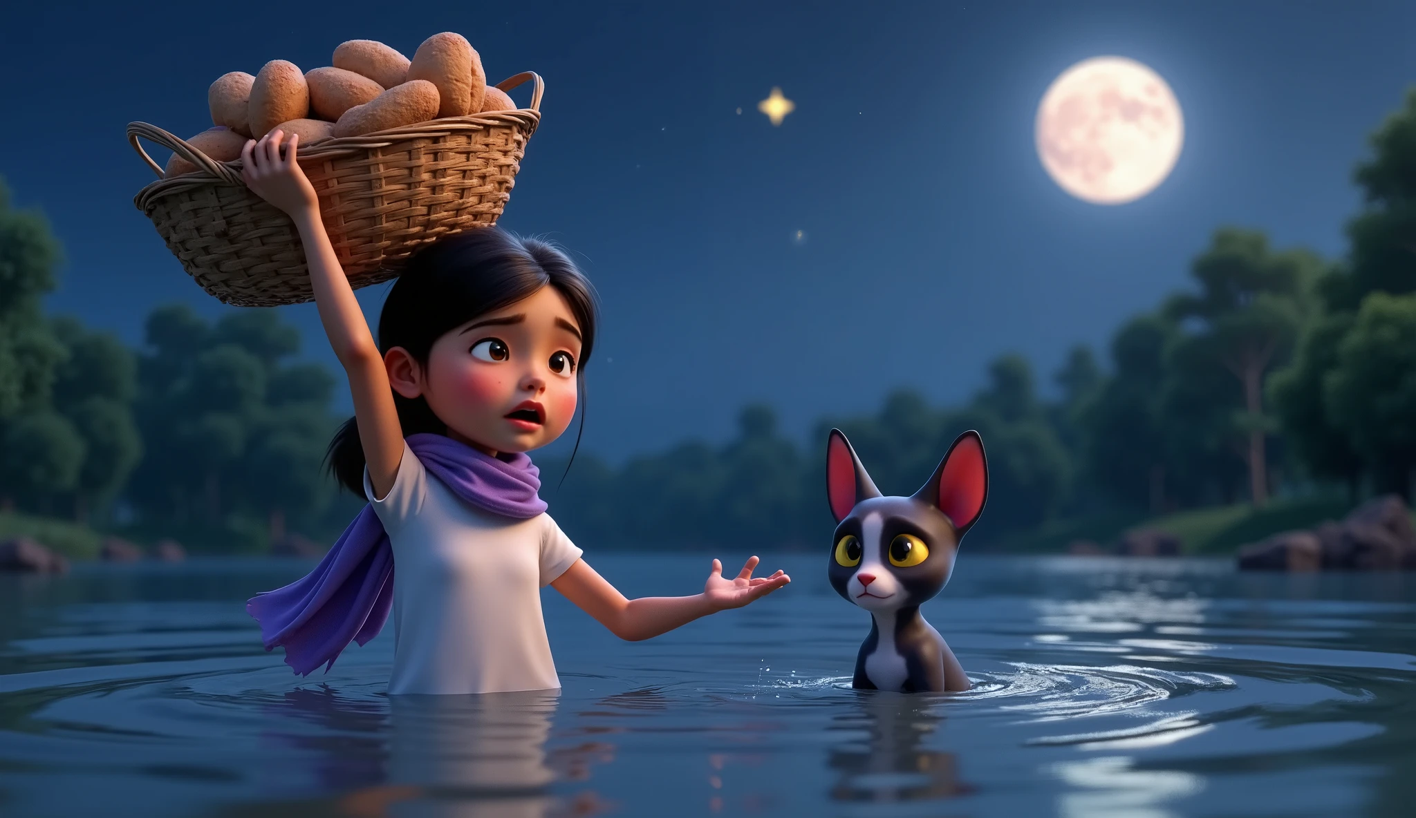 Inspired by the characters in the Disney Pixar movies, create a high-resolution, high-quality 3D image of a girl wearing a lilac scarf protecting her neck, a white t-shirt, holding a basket over her head with a BREAD in one hand, SHE STRETCHES OUT HER OTHER ARM WITH HER HAND OPEN, TRYING DISASTRUSUALLY AND PUSHING IT IN FRONT OF HER, SHE CANNOT CATCH, CATCH THE BREAD THAT FALLS FROM THE BASKET, she is submerged in water from the waist down, she has a look of despair, next to her nothing, a black and white French bulldog puppy with the predominant color black, a hairless purple cat the yellow eyes with the scared face of the SPHINX breed, THE ANIMALS SWIM DESPERATELY TO TRY TO SAVE THE BREAD THAT FELL FROM THE SEX, they cross a river on a dark night where only one star shines brightly and a full moon