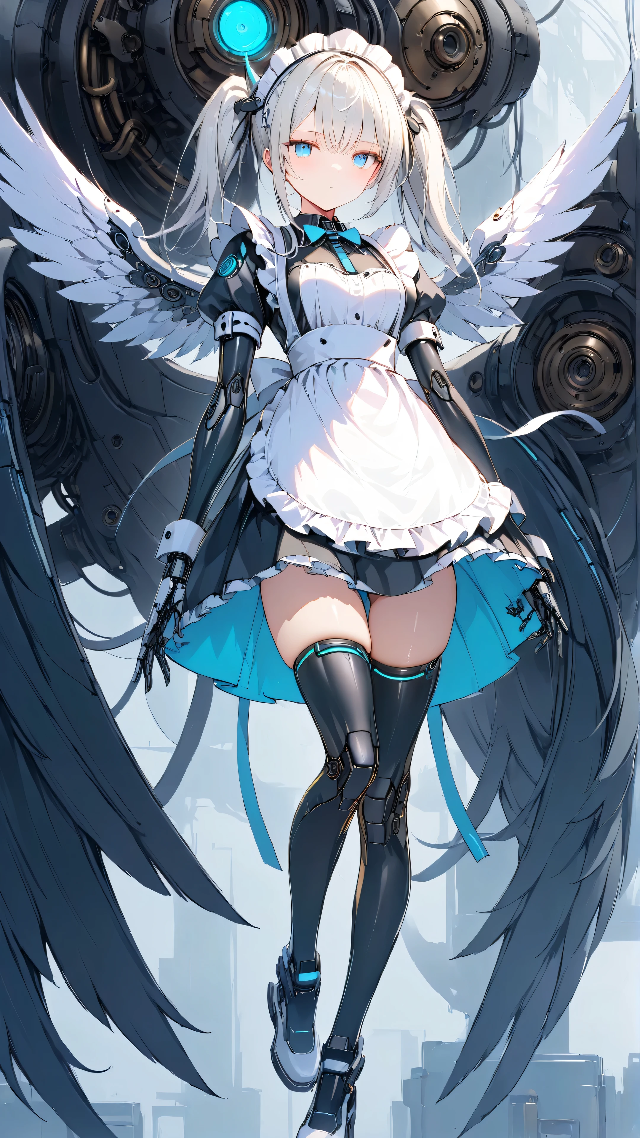 masterpiece,top quality,high resolution,Ultra-Definition Illustration,detailed background,detailed skin,detailed face,detailed eyes,long eyelashes,science fiction,cyberpunk,one girl,cyborg, fullbody, small breasts,( expressionless:1.2),(maid:1.6),(maid Apron:1.4), silver hair, twin tails, white eyes, partially human skin, clean legs, mechanical power suit, mechanical bodysuit, mechanical arms, mechanical wings, metallic sheen,(shiny neon:1.2) Inside the lab