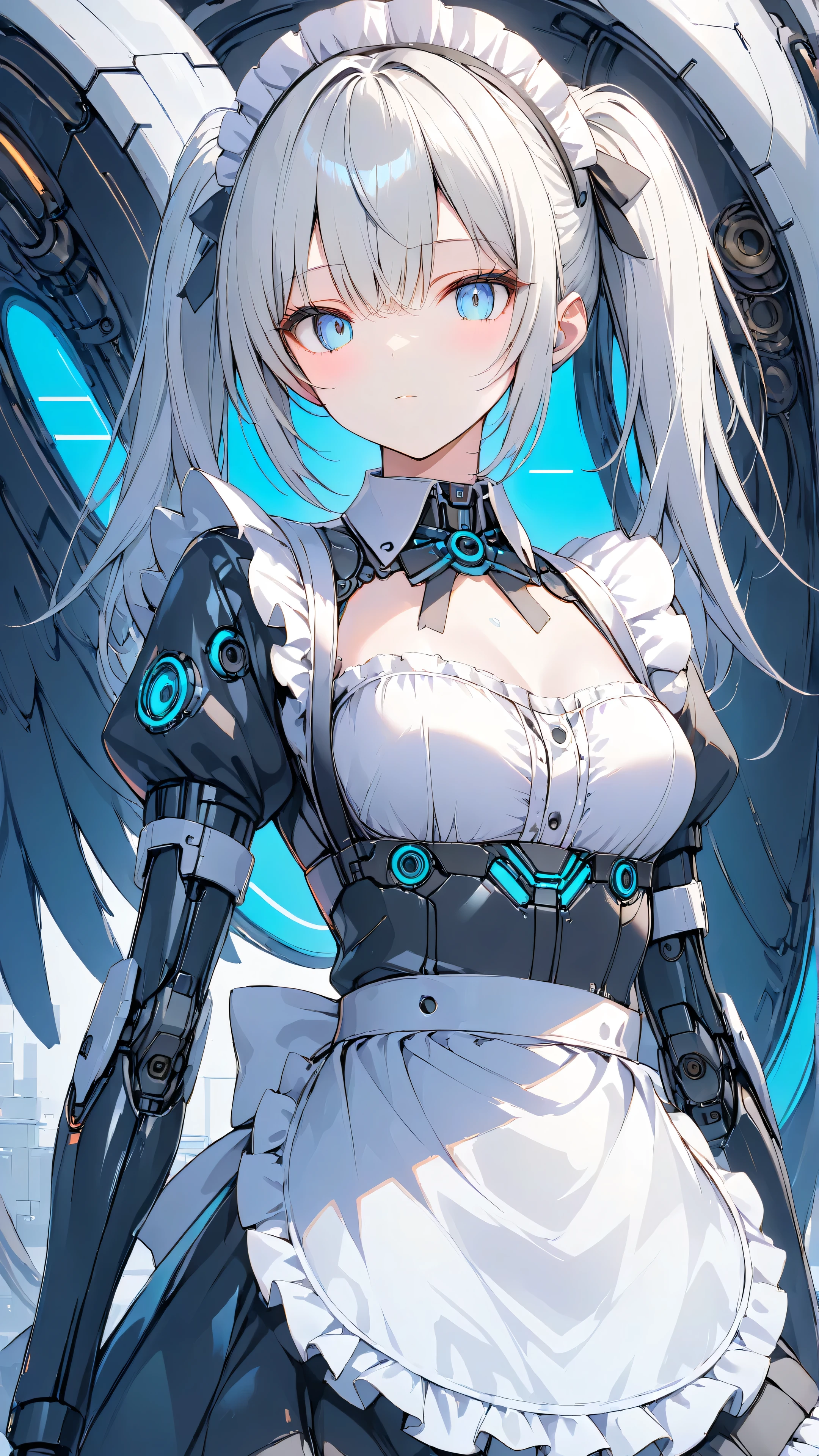 masterpiece,top quality,high resolution,Ultra-Definition Illustration,detailed background,detailed skin,detailed face,detailed eyes,long eyelashes,science fiction,cyberpunk,one girl,cyborg, fullbody, small breasts,( expressionless:1.2),(maid:1.6),(maid Apron:1.4), silver hair, twin tails, white eyes, partially human skin, clean legs, mechanical power suit, mechanical bodysuit, mechanical arms, mechanical wings, metallic sheen,(shiny neon:1.2) Inside the lab