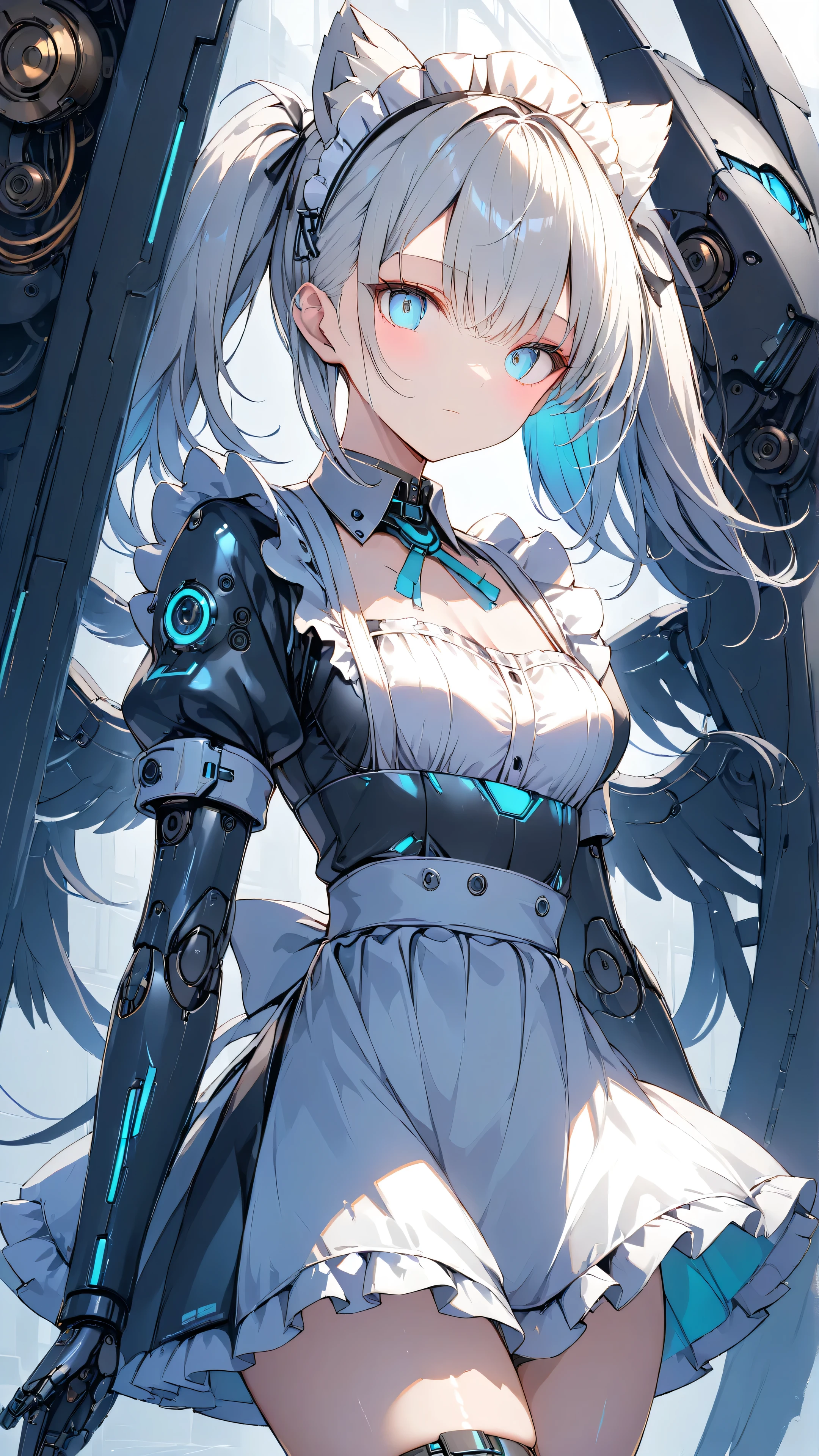 masterpiece,top quality,high resolution,Ultra-Definition Illustration,detailed background,detailed skin,detailed face,detailed eyes,long eyelashes,science fiction,cyberpunk,one girl,cyborg, fullbody, small breasts,( expressionless:1.2),(maid:1.6),(maid Apron:1.4), silver hair, twin tails, white eyes, partially human skin, clean legs, mechanical power suit, mechanical bodysuit, mechanical arms, mechanical wings, metallic sheen,(shiny neon:1.2) Inside the lab