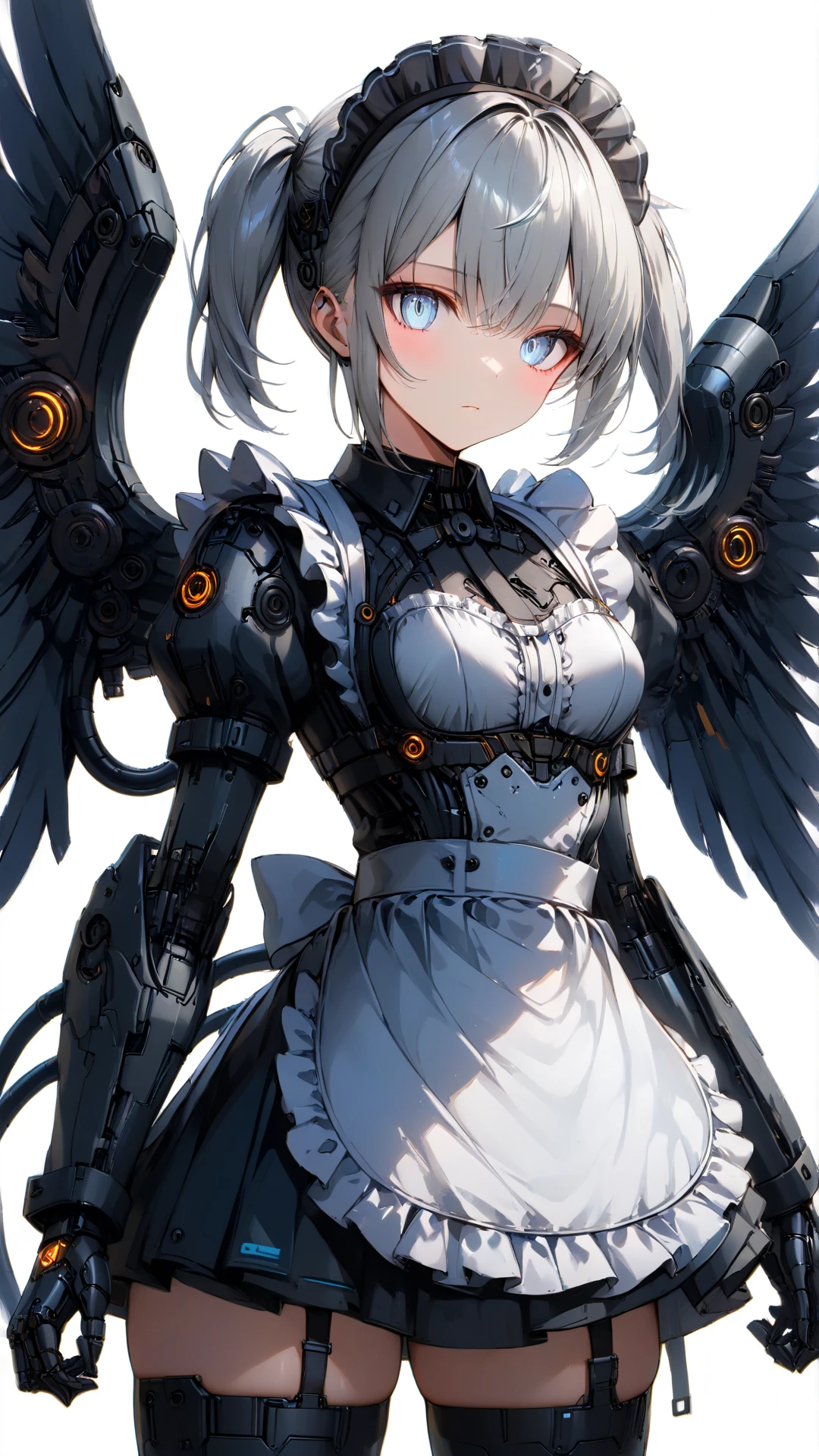 masterpiece,top quality,high resolution,Ultra-Definition Illustration,detailed background,detailed skin,detailed face,detailed eyes,long eyelashes,science fiction,cyberpunk,one girl,cyborg, fullbody, small breasts,( expressionless:1.2),(maid:1.6),(maid Apron:1.4), silver hair, twin tails, white eyes, partially human skin, clean legs, mechanical power suit, mechanical bodysuit, mechanical arms, mechanical wings, metallic sheen,(shiny neon:1.2) Inside the lab