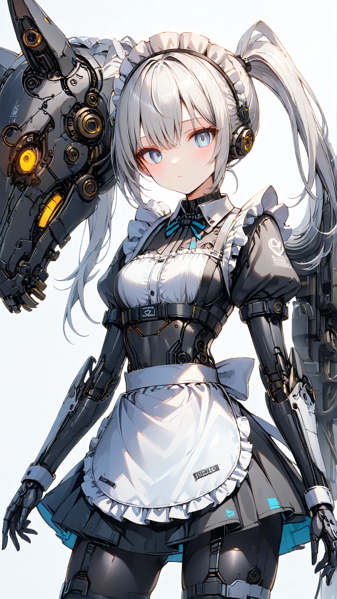 masterpiece,top quality,high resolution,Ultra-Definition Illustration,detailed background,detailed skin,detailed face,detailed eyes,long eyelashes,science fiction,cyberpunk,one girl,cyborg, fullbody, small breasts,( expressionless:1.2),(maid:1.6),(maid Apron:1.4), silver hair, twin tails, white eyes, partially human skin, clean legs, mechanical power suit, mechanical bodysuit, mechanical arms, mechanical wings, metallic sheen,(shiny neon:1.2) Inside the lab