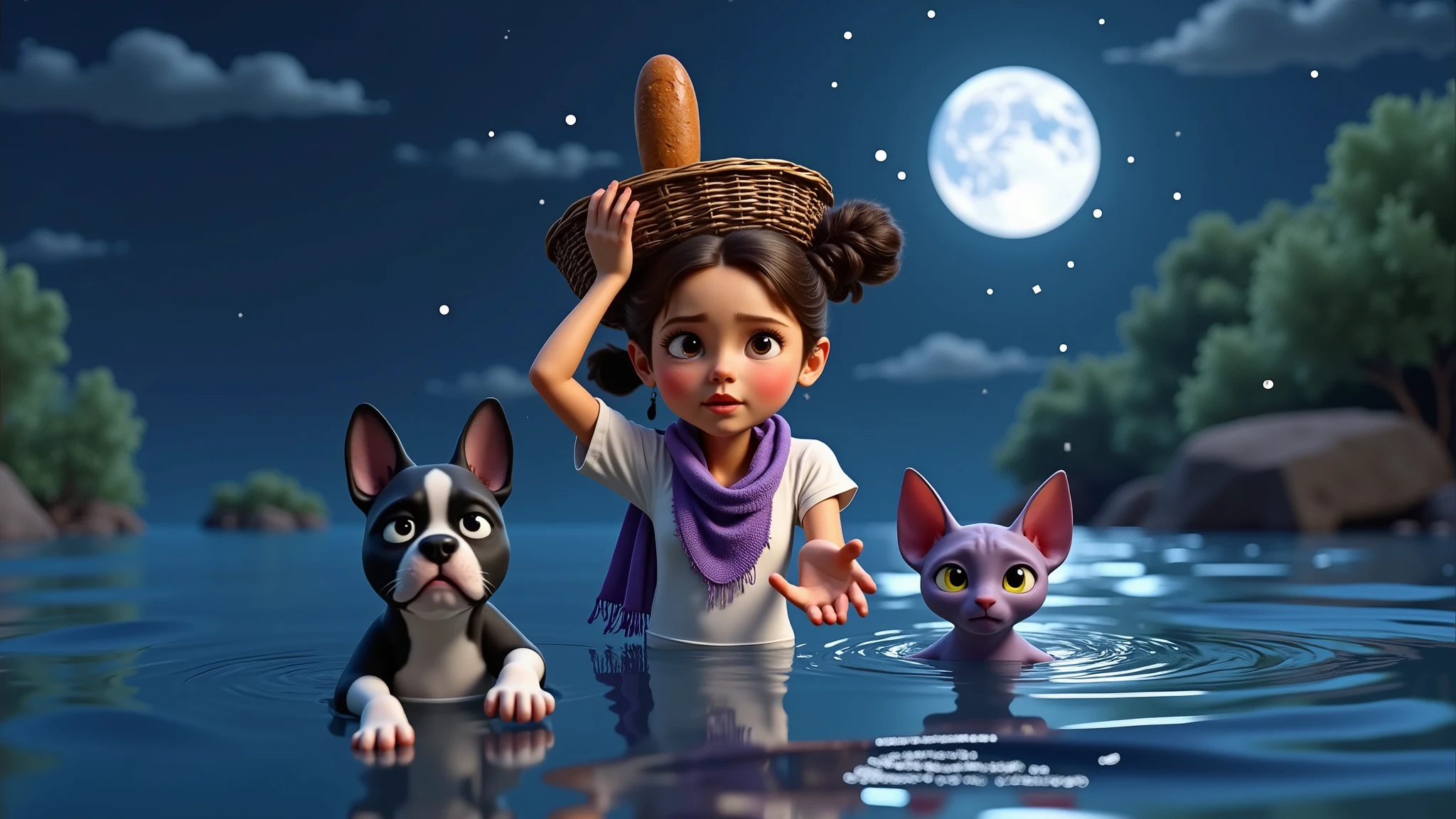 Inspired by the characters in the Disney Pixar movies, create a high-resolution, high-quality 3D image of a girl wearing a lilac scarf protecting her neck, a white t-shirt, holding a basket over her head with a BREAD in one hand, SHE STRETCHES OUT HER OTHER ARM WITH HER HAND OPEN, TRYING DISASTRUSUALLY AND PUSHING IT IN FRONT OF HER, SHE CANNOT CATCH, CATCH THE BREAD THAT FALLS FROM THE BASKET, she is submerged in water from the waist down, she has a look of despair, next to her nothing, a black and white French bulldog puppy with the predominant color black, a hairless purple cat the yellow eyes with the scared face of the SPHINX breed, THE ANIMALS SWIM DESPERATELY TO TRY TO SAVE THE BREAD THAT FELL FROM THE SEX, they cross a river on a dark night where only one star shines brightly and a full moon