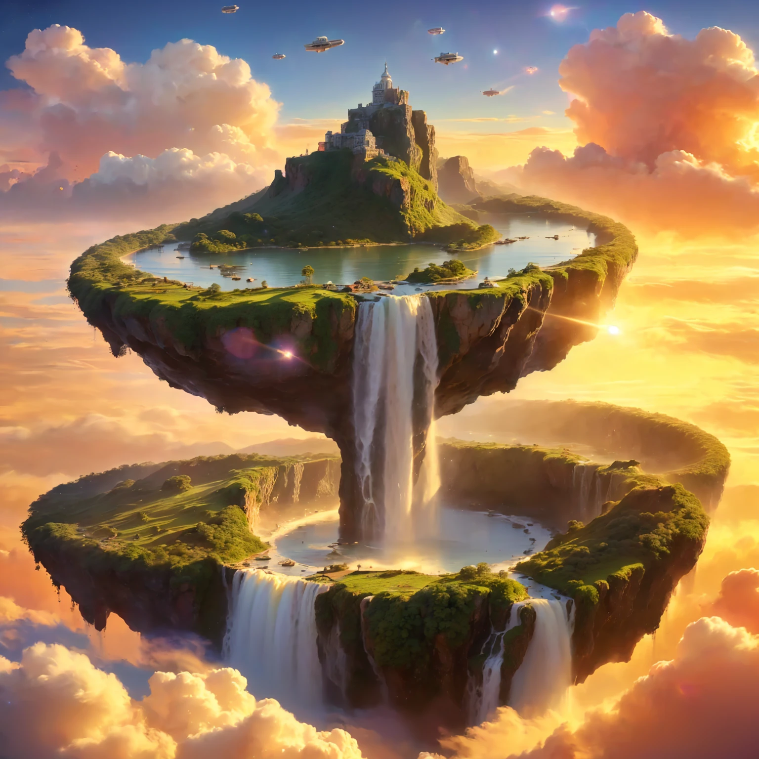 8K quality,(masterpiece:1.3), top quality, detailed images,unmanned,No bio,There are no buildings,No artificial objects,Above the Clouds( Floating Small Island , small islands float , small islands rise ,Small islands fly in the sky , There are many small islands floating, waterfalls flow from the small island ,There is a lake on a small island ),( only islets, water, clouds, and space ),(During the evening and night ,The sun is God 々Shining brightly, the stars are shining ,Golden Gradation ).