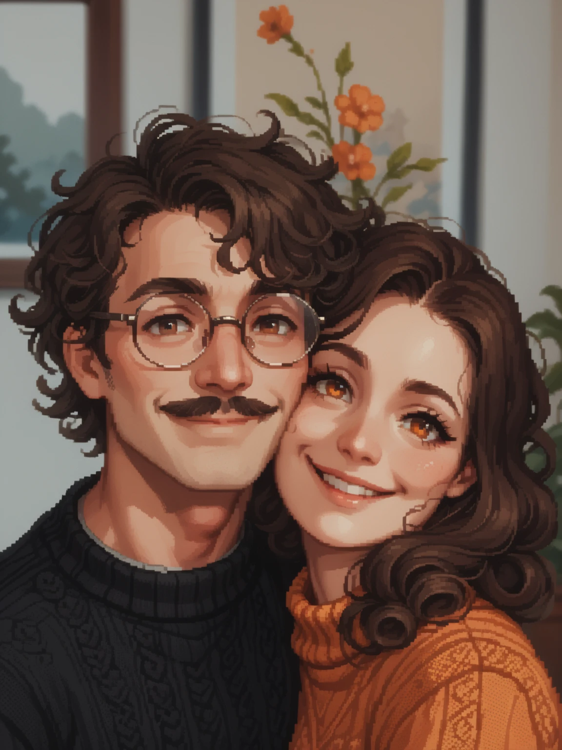 create a 8-bit pixel art cartoon of A cozy and intimate portrait of a young couple indoors, radiating warmth and affection. The man has curly dark hair, a light mustache, and wears round glasses with a black knit sweater, giving a thoughtful and artistic vibe. The woman has wavy brown hair, a natural smile, and is dressed in a burnt orange turtleneck sweater. They are leaning closely together with soft, happy expressions. The background features framed artwork with floral designs and a neutral color palette, adding a comfortable and homely atmosphere to the scene.