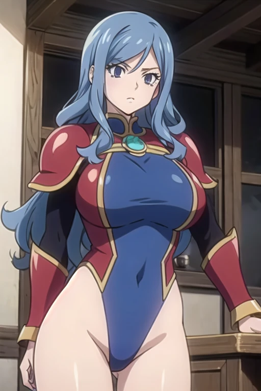 Juvia Lockser, blue eyes, blue hair, long curly hair, mature female, large breasts, retro anime woman, , castle, black, very long hair, urushihara satoshi style, red armoredc leotard, red armor, medieval fantasy, retro style armor