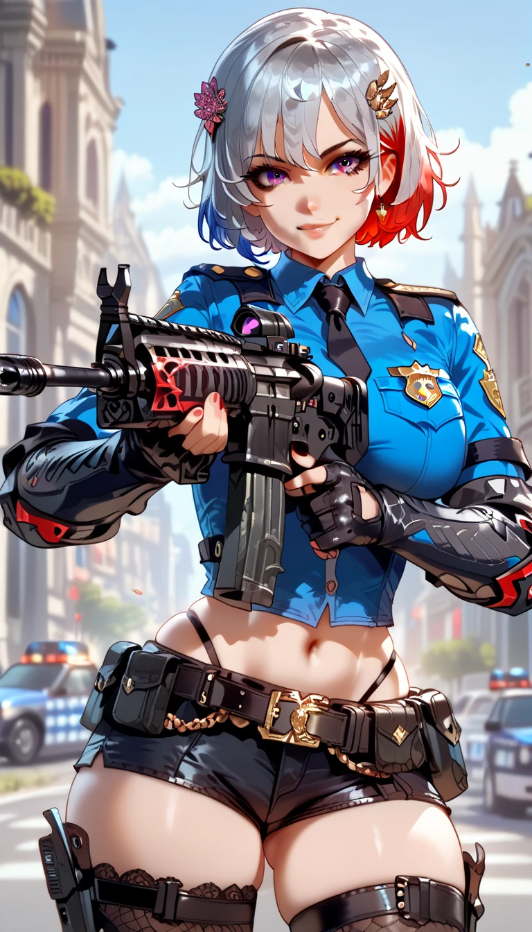 ultra-detailed,16K,(best quality),((masterpiece)),(highres),original,extremely, 1girl, solo, hair ornament, short hair, multicolored hair, grey hair, red hair, purple eyes, wearing police uniform, wearing bootyshorts, thong, black gloves, tactical belt, black thighhighs, boots, busty body, large breasts and a beautiful ass, showcasing cleavage, legs, hips, (holding assault rifle), looking at viewer, smile, detailed full body, police car background