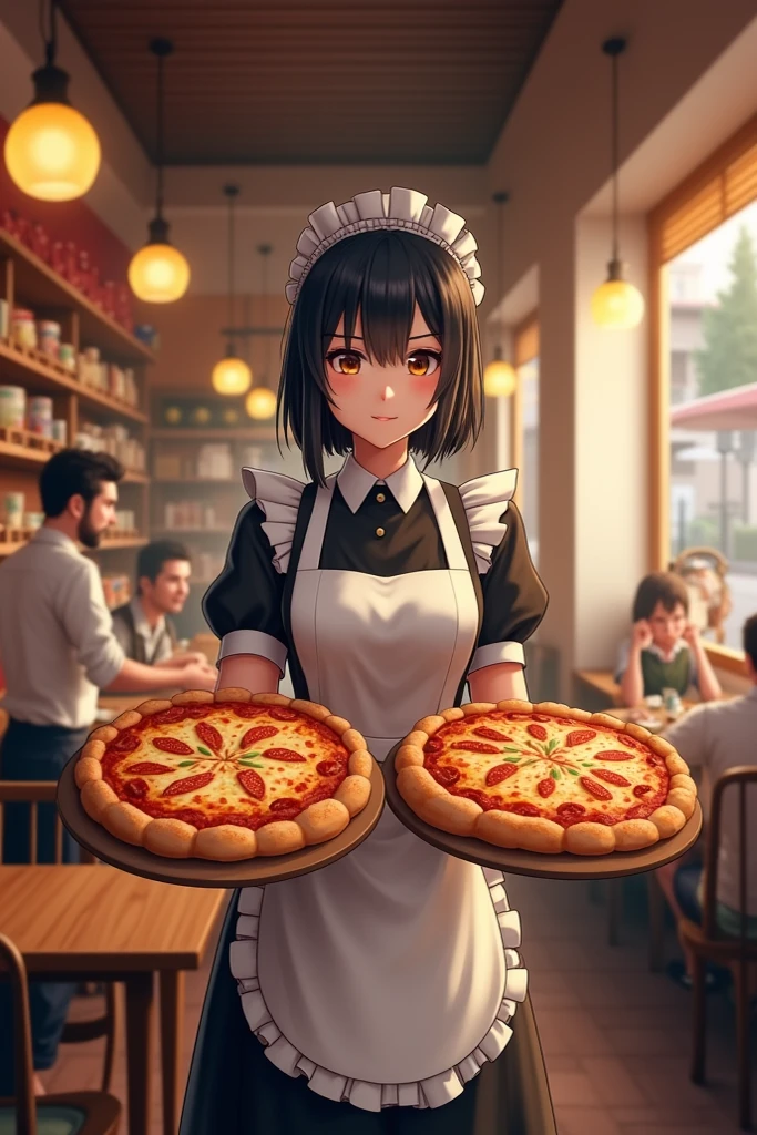 Two large pizzas held by a black-dyed female maid at the restaurant