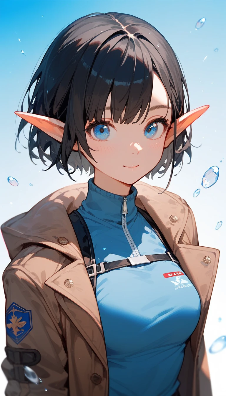 Elf,Short black hair,In blue eyes , wear gloves,Blue sweatshirt, Medium Bust ,Brown coat,cute